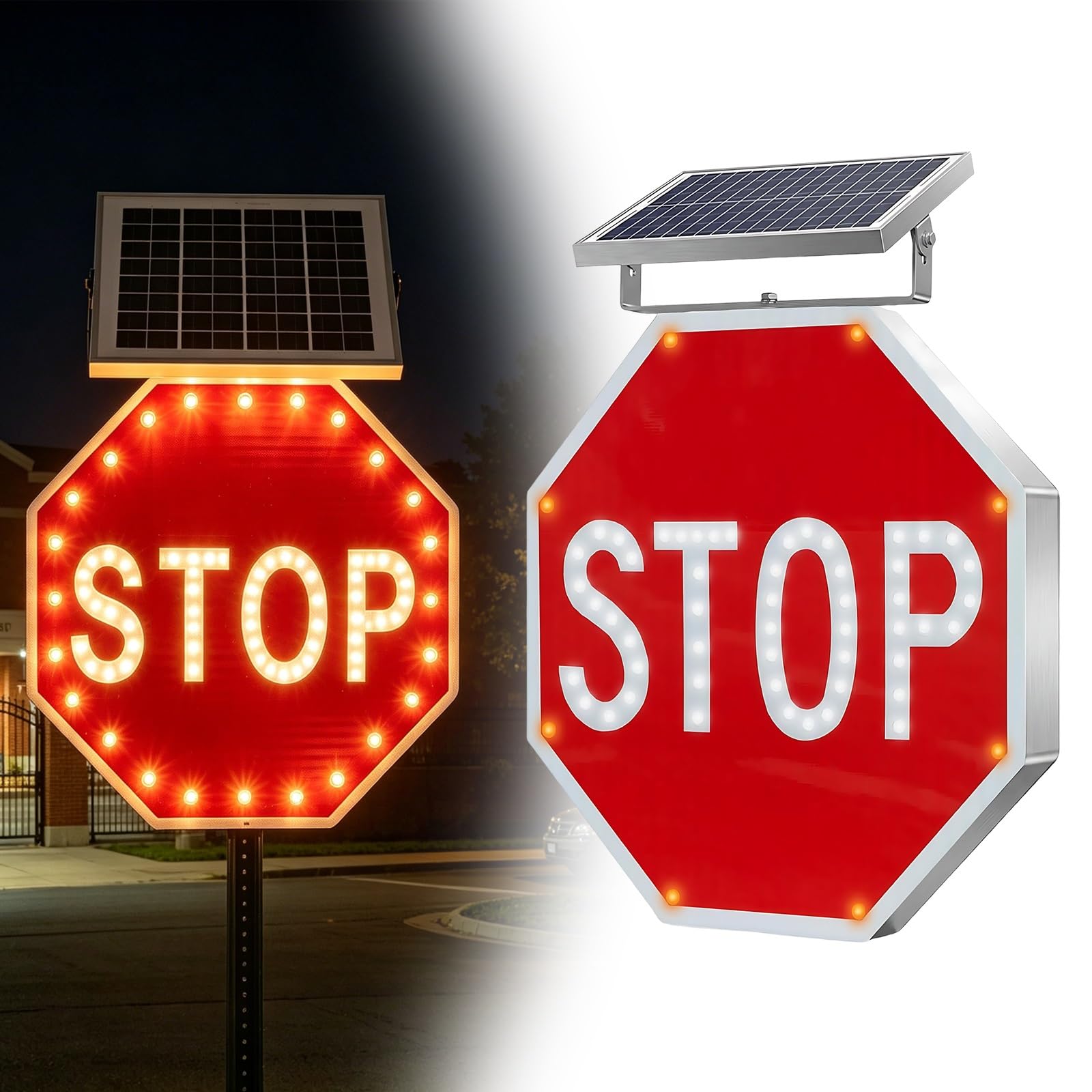 Señal Vial Octogonal Led Solar, Cartel Stop de Tráfico, IP65 Impermeable, Lámina Reflectante Industrial, para Pueblos Pequeños, Vías Periféricas y Parques Temáticos(30")