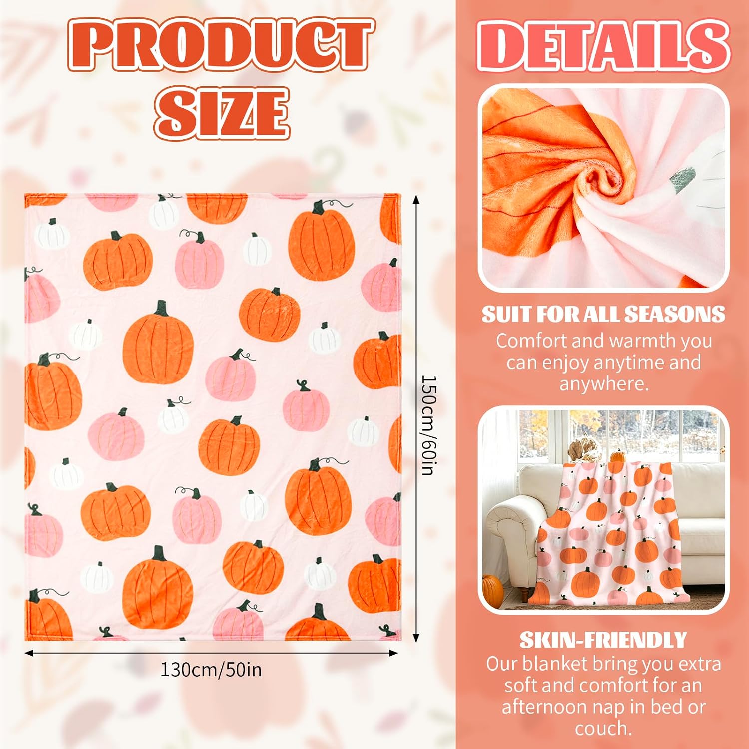 AnyDesign Fall Throw Blanket Orange Pink Pumpkin Blanket Decorative Soft Cozy Flannel Blankets for Autumn Harvest Thanksgiving Home Bed Sofa Couch Chair, 50 x 60 Inch