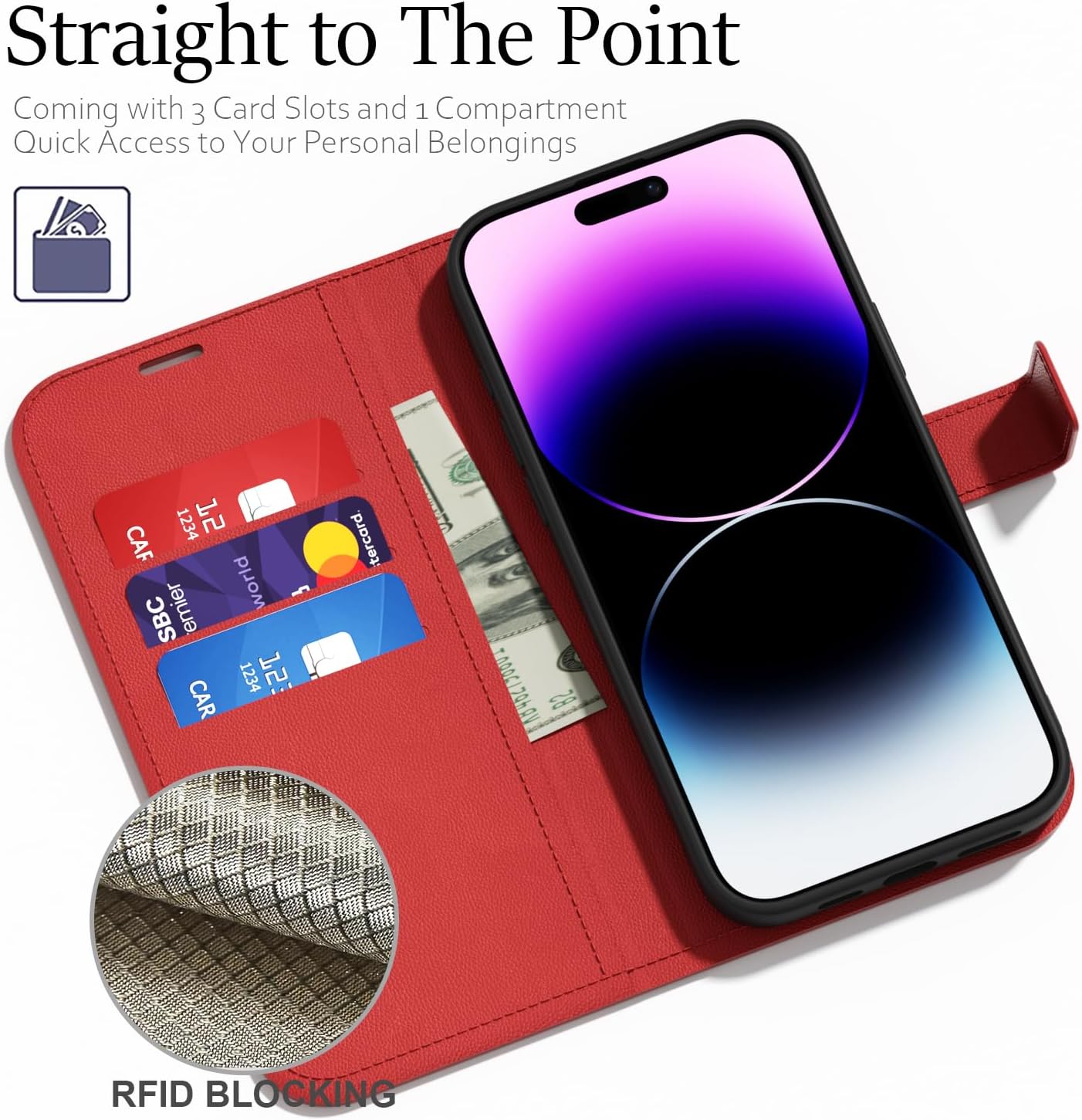 oakxco for iPhone 14 Pro Max Wallet Case with Credit Card Holder, Magnetic RFID Slim Folio Book Flip Leather Phone Case for Women Men Girl, Cute Soft Silicone Rubber Shockproof Cover, Red