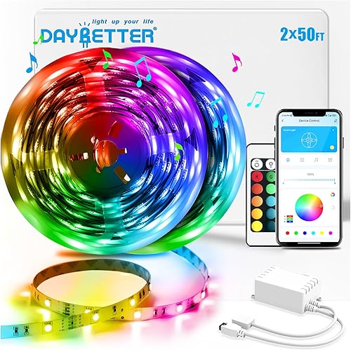 Miniatura 9 de DAYBETTER Tira de luces LED de 100 pies 2 rollos de 50 pies con control remoto de aplicación 5050 luces LED RGB para dormitorio sincronización de