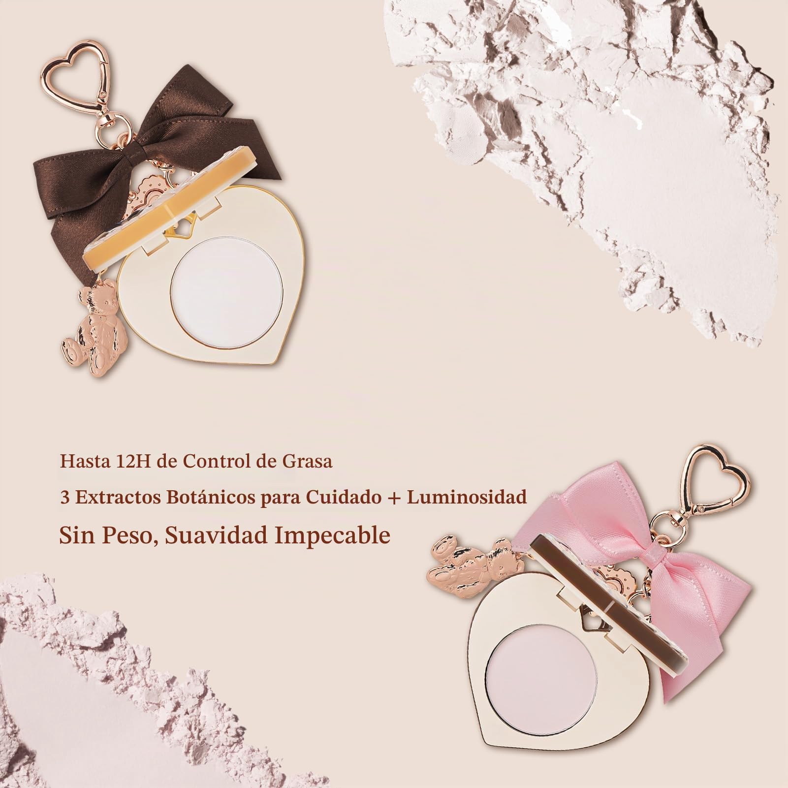 Colección Sweetie Bear: polvos fijadores Flower Know, llaveros con colgantes para bolsos, maquillaje y polvos compactos y en borla, difuminador de poros, regalo para mujeres (Cocoa)