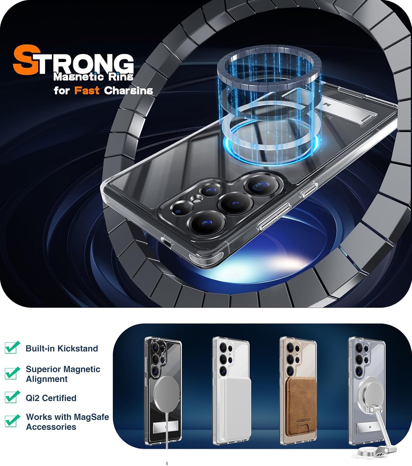 Maledan Full Camera Protection for Samsung Galaxy S25 Ultra Case with Built-in Phone Stand, Magnetic Shockproof Slim Case for Galaxy S25 Ultra 6.9", Kickstand S25 Case Fit for Magsafe, Crystal Clear - Image 4