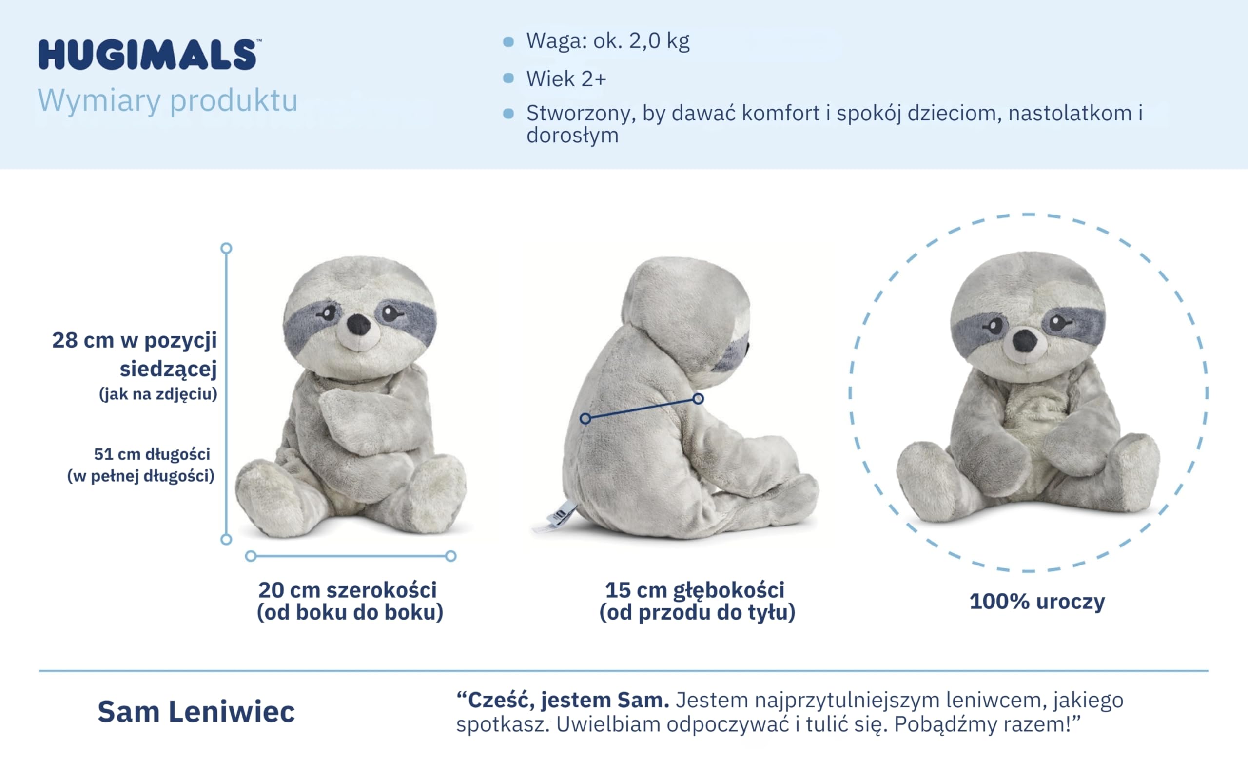 HUGIMALS Sam Leniwiec – 2 kg obciążony pluszowy miś dla dzieci, młodzieży i dorosłych – uspokaja i łagodzi stres – bezzapachowy, zmywalny, przytulny miś