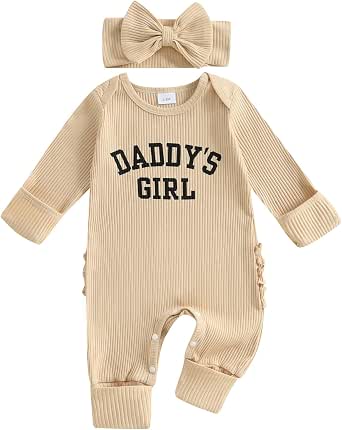 MERSARIPHY Newborn Baby Girl Clothes - Ribbed Knit Ruffle Romper, Bell-Bottom Pants & Headband 3Pc Set