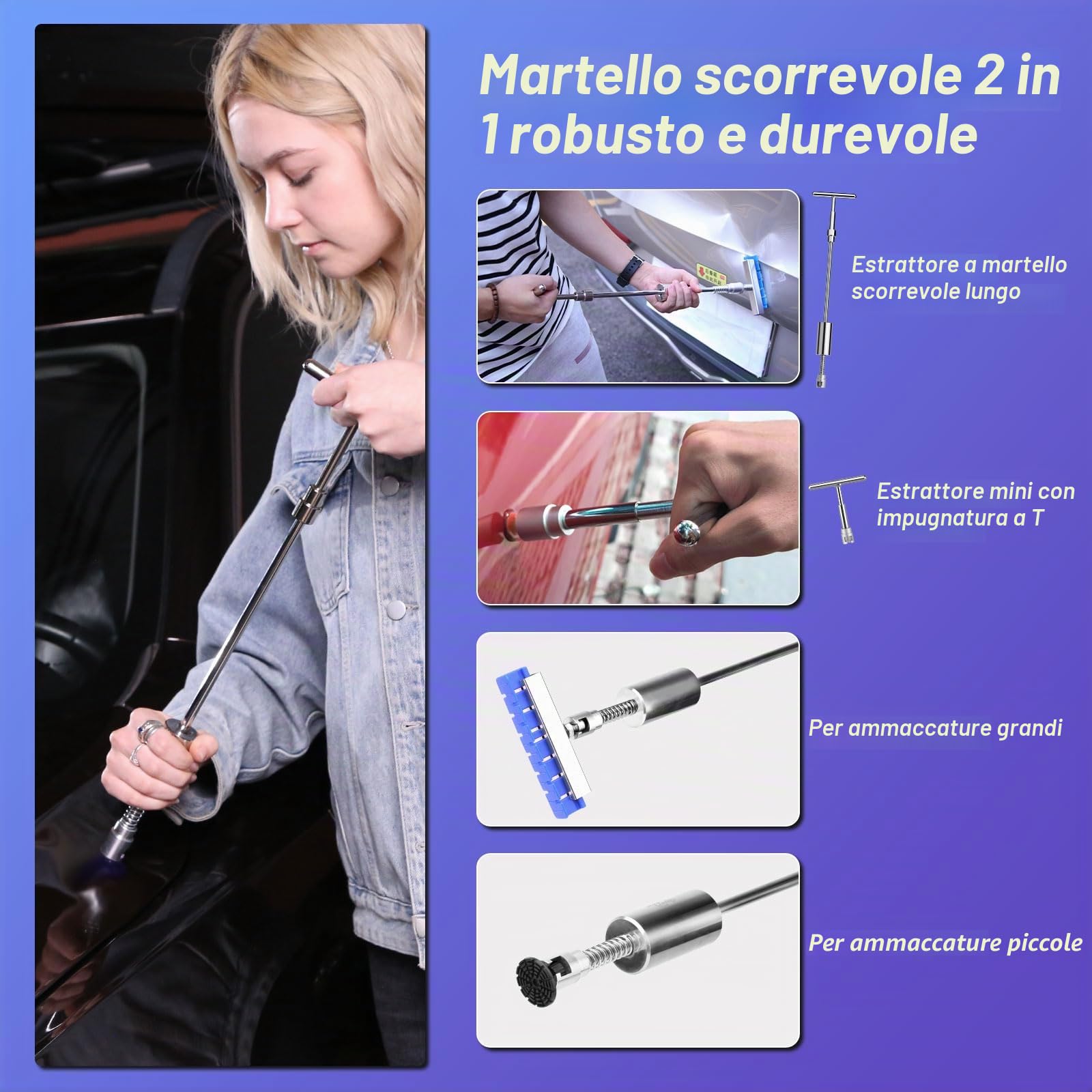 PDR TOOLS Kit di riparazione ammaccature per auto, martello scorrevole in alluminio, piastra riflettente PDR, strumento PDR per carrozzeria, danni da grandine e rimozione delle ammaccature