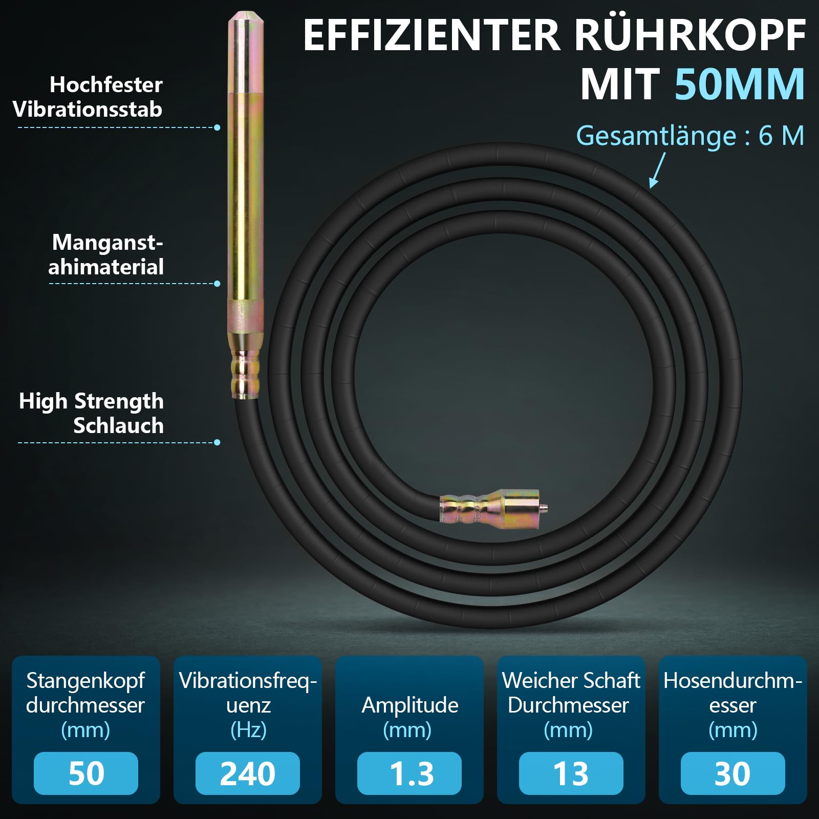 3200 W Betonrüttler mit 50mm 6m Kabel Betonverdichter, 6800U/min | Flaschenrüttler Beton Rüttler Innenrüttler mit Einer Isolationsschicht für Fundamente, Säulen und Bodenplatten