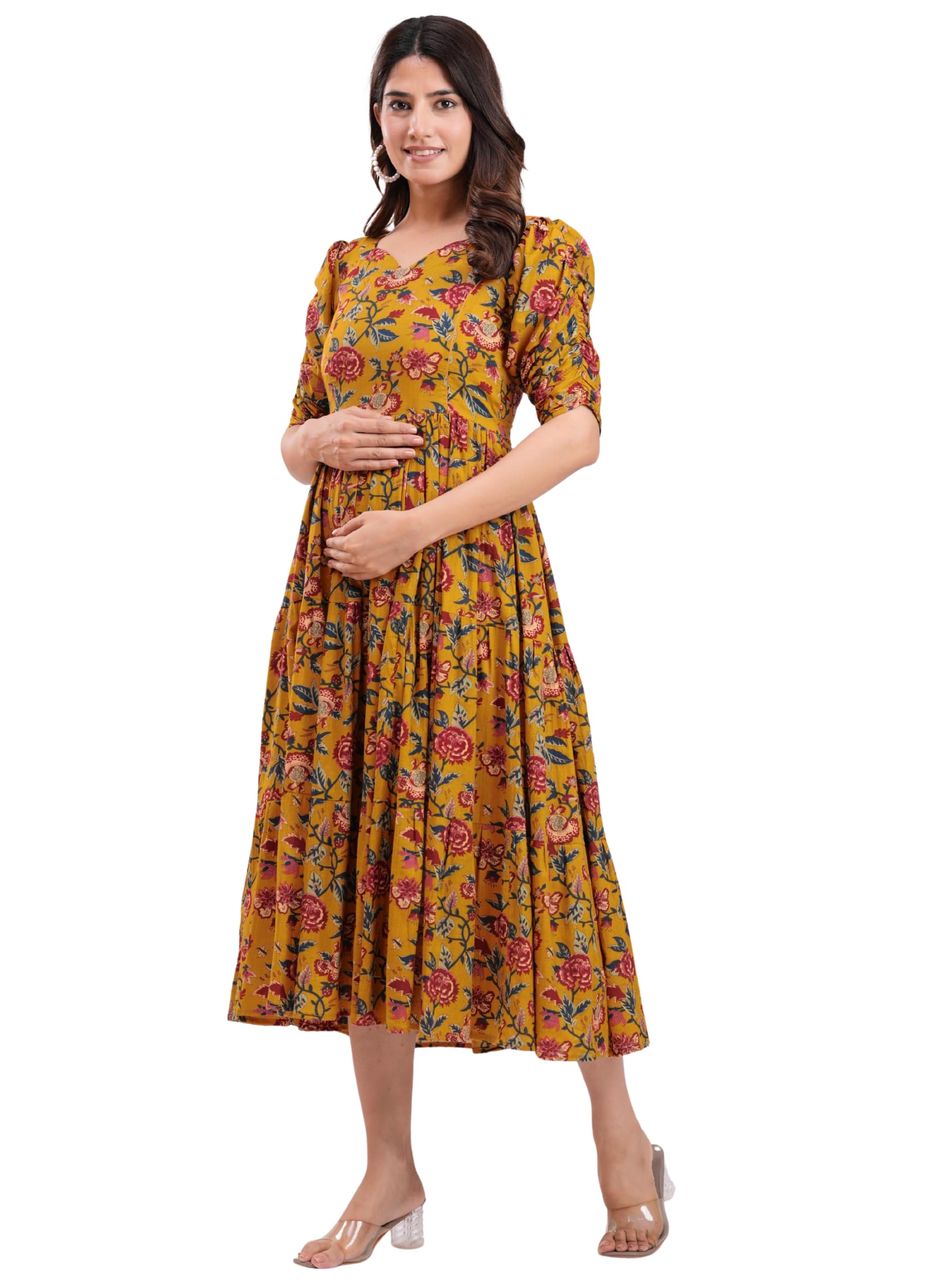 Women’s Cotton V-Neck Puff Sleeves Floral Maternity Kurti with Hidden Side Zip for Casual Wear (Mustard)-picture-43