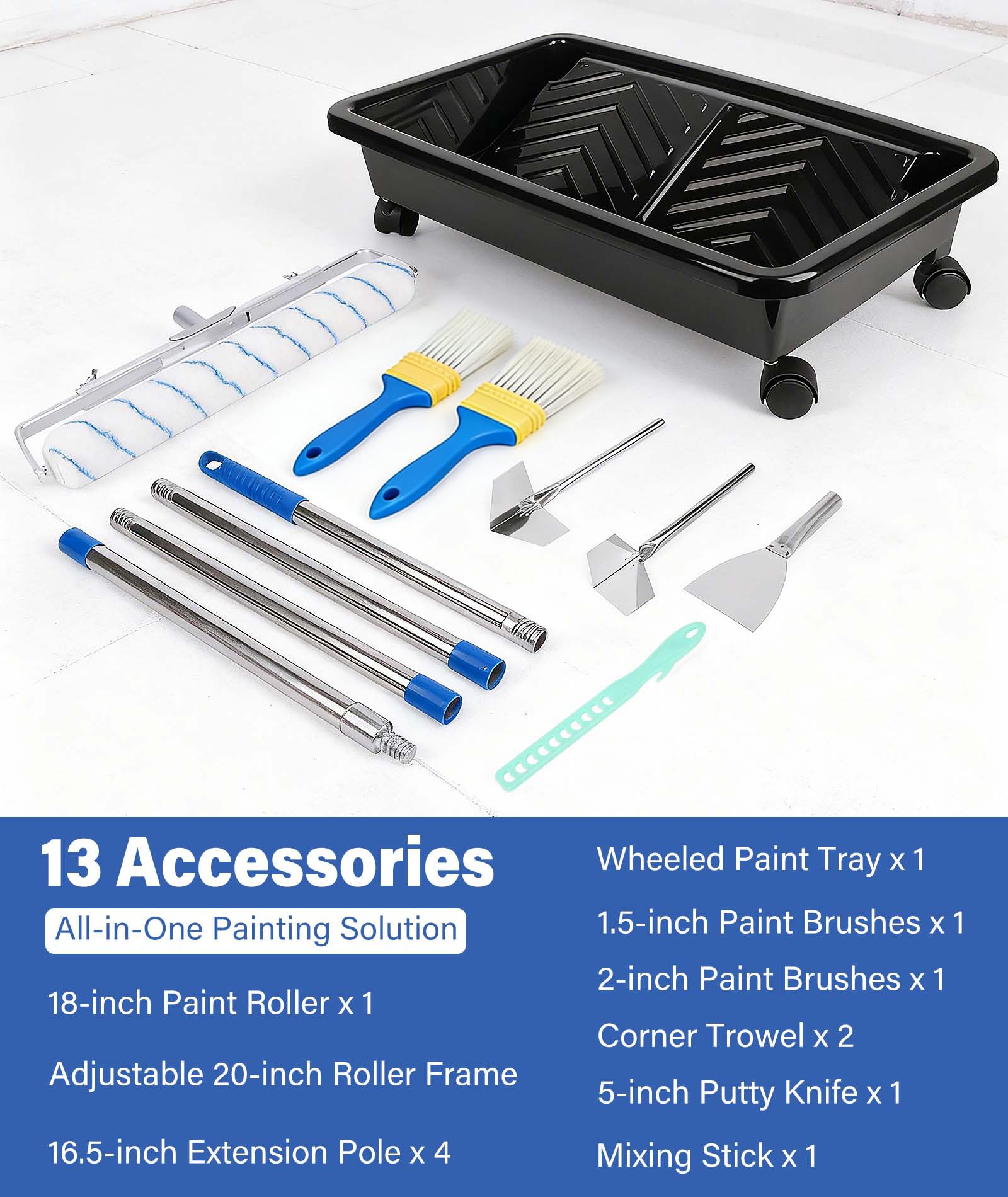 Qivine Kit Rullo per Vernice da 45 cm, Kit per Pittura da 13 Pezzi con 4 Asta Telescopica, Telaio Regolabile, Vaschetta con Ruote, Pennello, Spatola, Miscelatore, per Dipingere Pareti, Soffitti