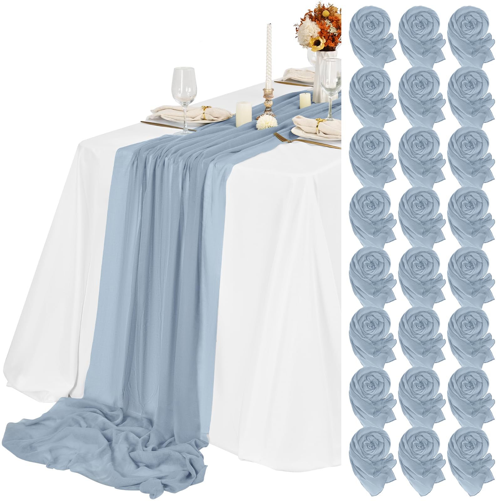 24 caminos de mesa de gasa azul polvoriento, 10 pies, gasa rústica, bohemio, decoración de mesa de boda, camino de mesa transparente para boda, fiesta, despedida de soltera