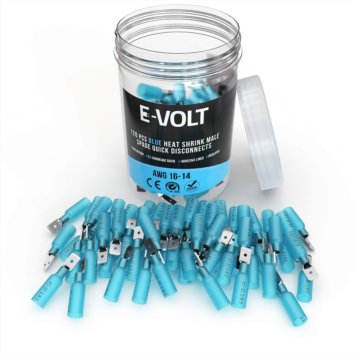 E-VOLT Male Spade Crimp Connector– 120 PC Blue Waterproof Wire Connectors with 3:1 Heat Shrink Ratio for 16-14 AWG– Quick Disconnect Industrial Grade Crimp Terminals for Marine, Audio and Automotive : Sports & Outdoors
