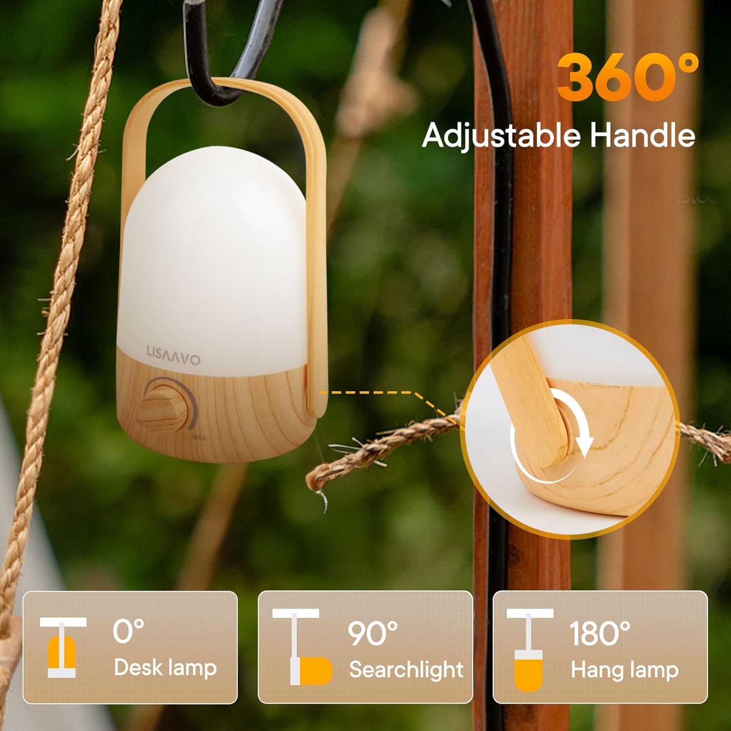 Night Light - Dimmable Touch Lamp with 5 Brightness Colors, with Portable Handle, Type-C Rechargeable with Battery, for Bedroom/Side Table (Wood Bottom)