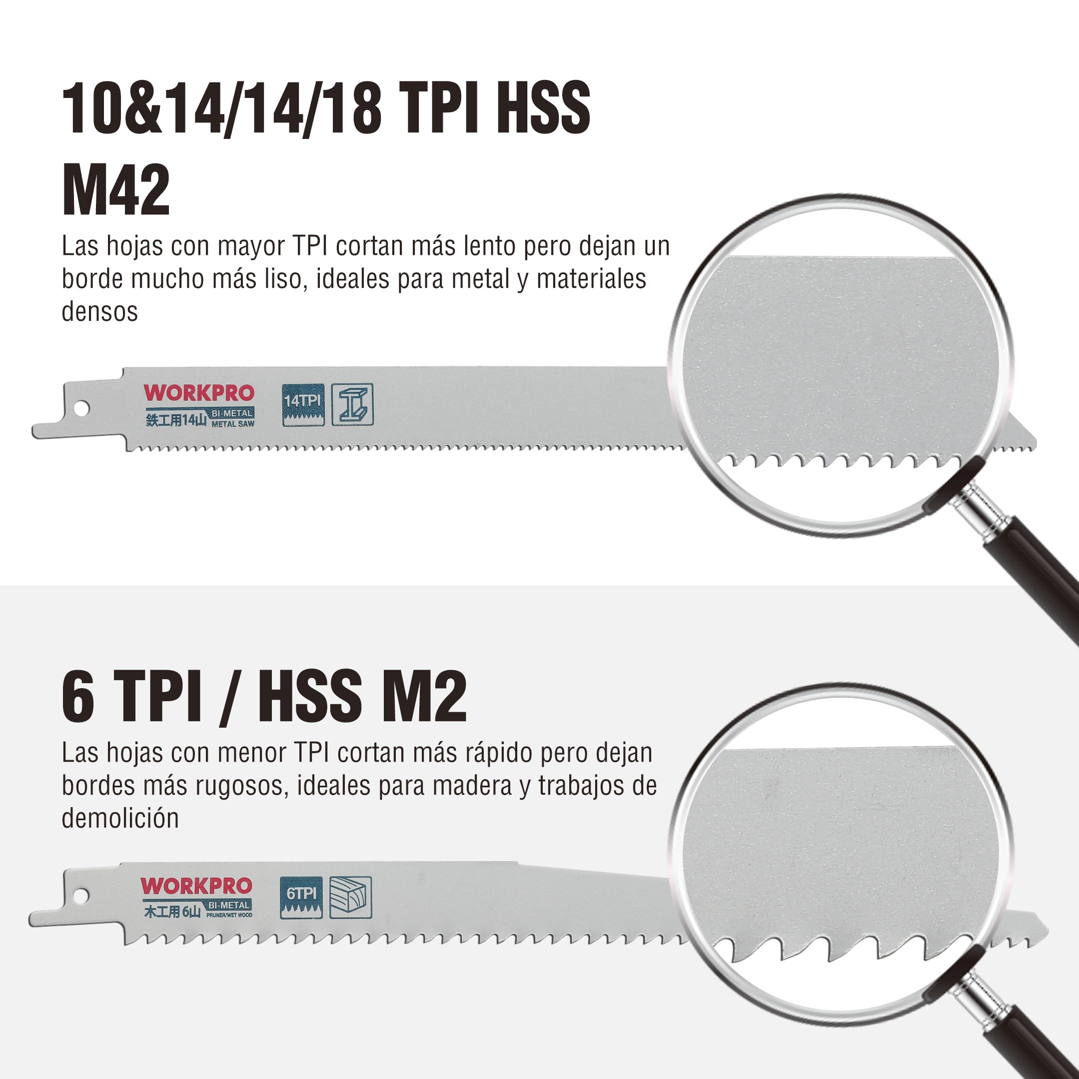 WORKPRO Hojas de Sierra Sable 10-piezas, Cuchillas para Madera y Metal, Accesorios de Sierra de Sable (150mm,230mm de largo ; 6/10/14/18 TPI), con Caja Plástica