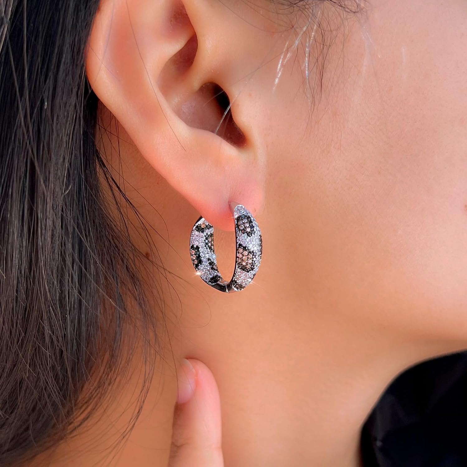 Luxury Leopard Cubic Zirconia Round Hoop Earrings, Double Sided Micro Pave Crystal, Silver Plated Ladies Engagement Party Jewelry - Image 2