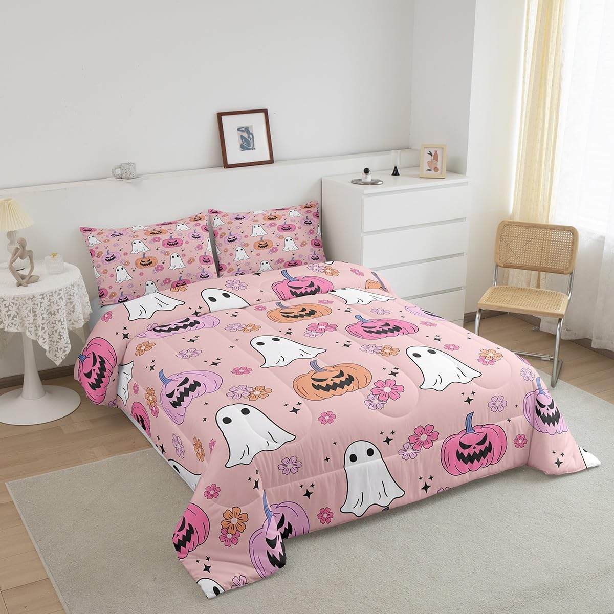 Erosebridal Halloween Decor Quilt Cartoon Pumpkin Comforter Set Toddler Size for Kids Bedroom Ghost Bedding Set Groovy Flower Duvet Insert Toddler Size with 1 Pillow Case