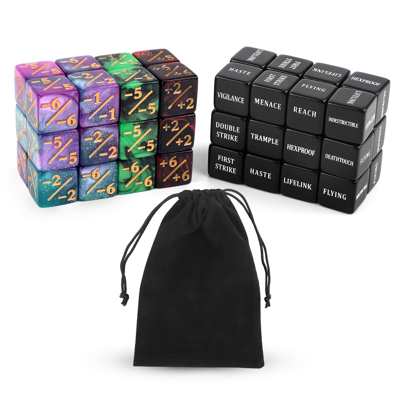BOXOB 48pcs Abilities Keywords Counter Dice, Acrylic Creature Stats Buff Loyalty Dice Tokens Bulk Magic Life Counters Set with Velvet Bag Gifts for MTG TCG RPG CCG Card Gaming Accessories (4 Colors)