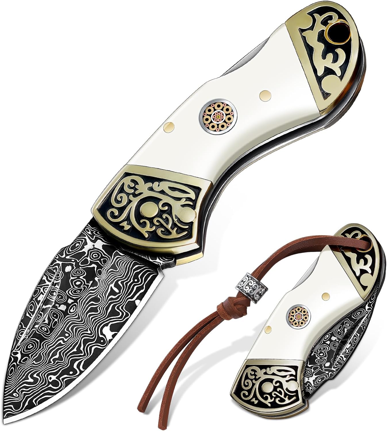 DRGSKL Damascus Pocket Knife for Gifting - Small EDC Knife for Dad (White)