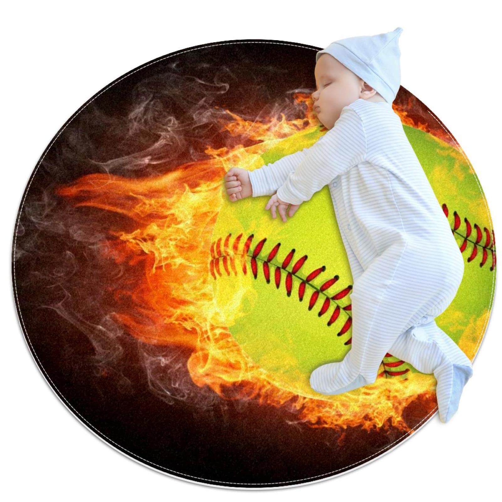 Alfombra de área de juego para niños con diseño de bola de béisbol redonda para dormitorios