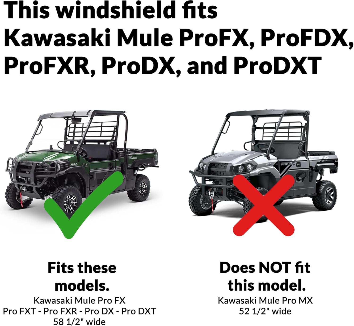 Kawasaki Mule Pro Series Half Windshield | FX, FXT / DX, DXT, FXR | SCRATCH RESISTANT | The ultimate versatility for your SxS! On or off in seconds | Premium poly w/Hard Coat | Made in America!