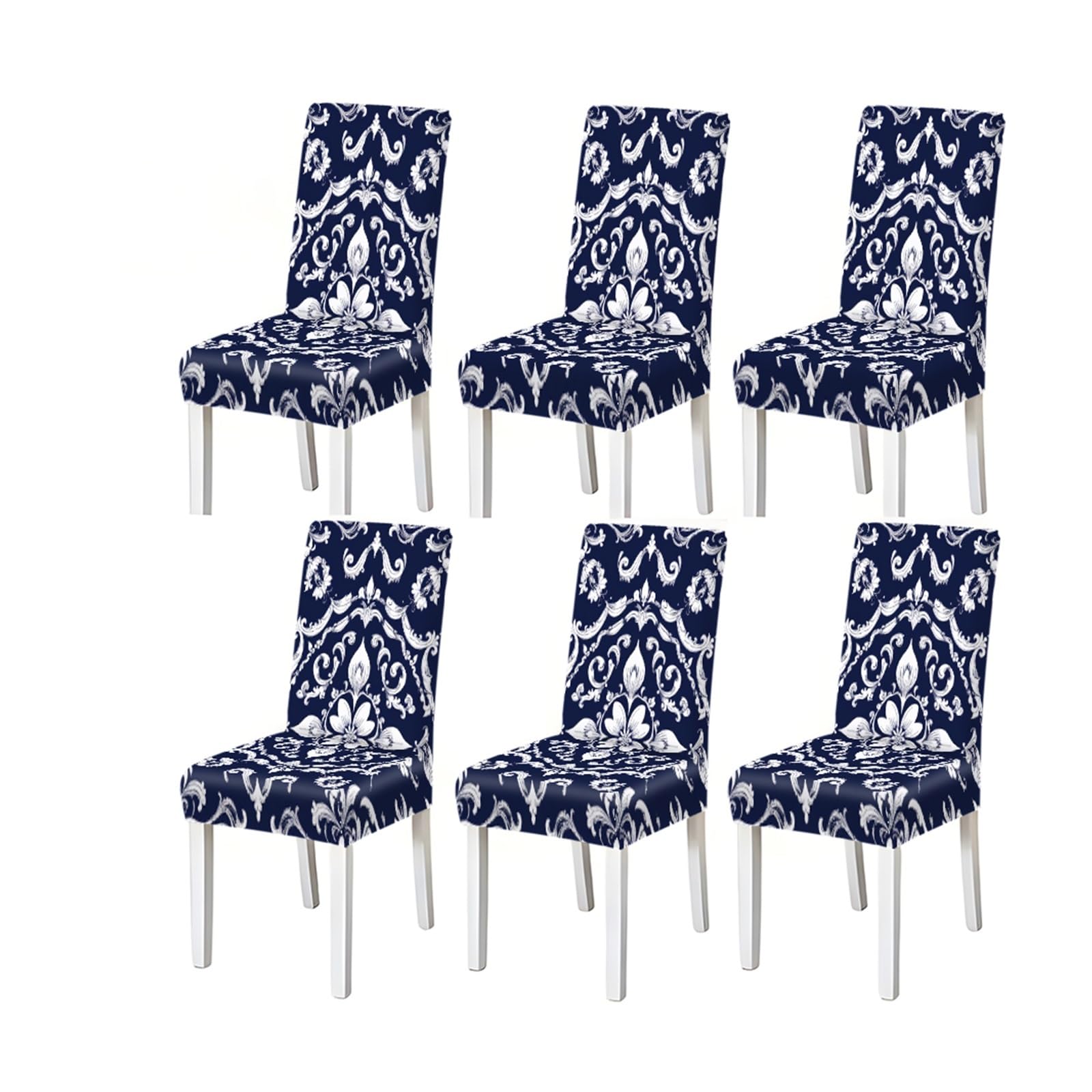 BOSUYBN Navy Blue Damask Baroque Pattern Print Dining Chair Covers Set Of 2/4/6, Stretch Slipcovers For Kitchen Dining Room Furniture Protectors for Home Dining Room(6PCSChair cover)
