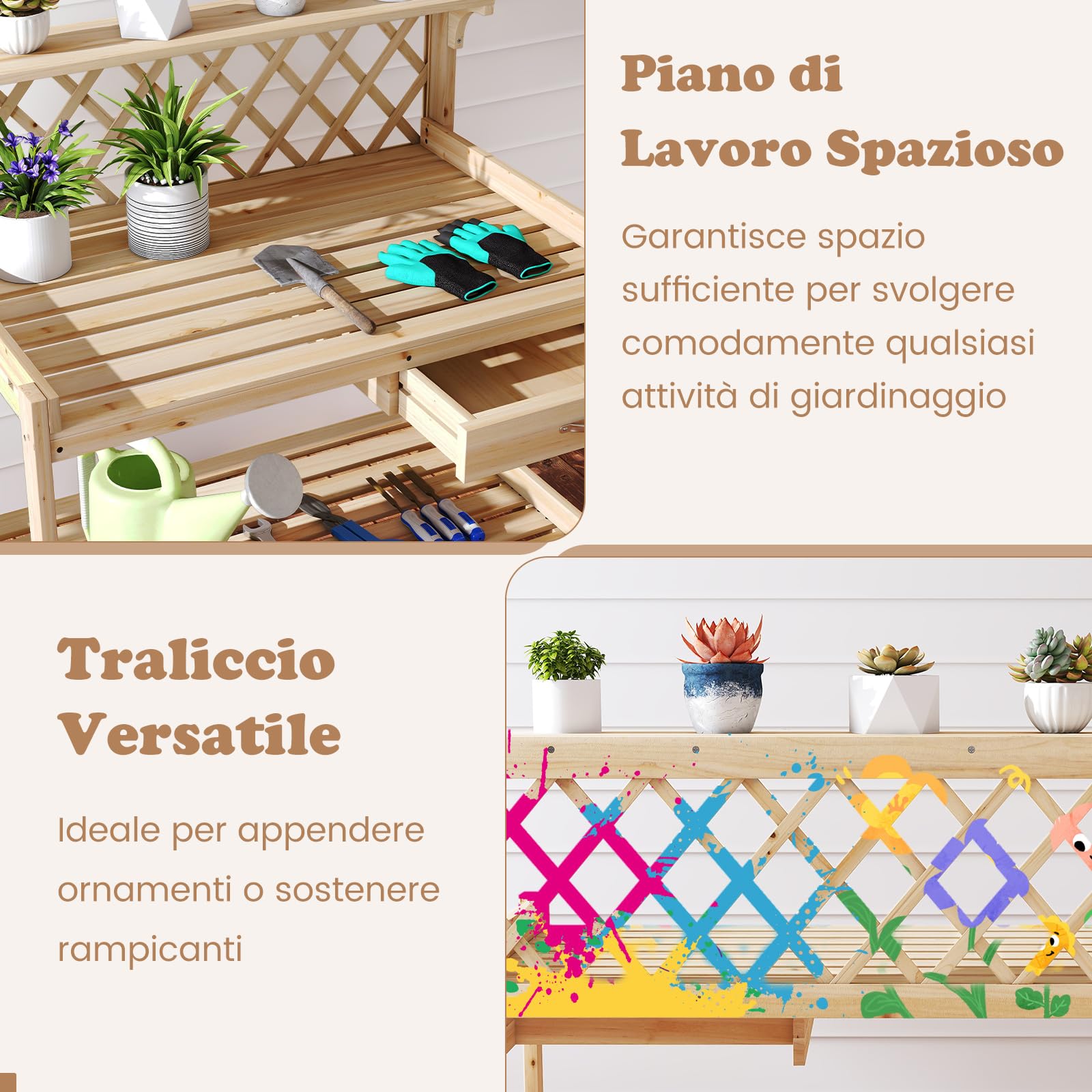 COSTWAY Tavolo per Piante in Legno, Tavolo da Giardino con Traliccio, Cassetto Rimovibile e Ripiano, Tavolino per Vasi di Fiori da Interno ed Esterno per Cortile, Balcone, Prato e Terrazzo