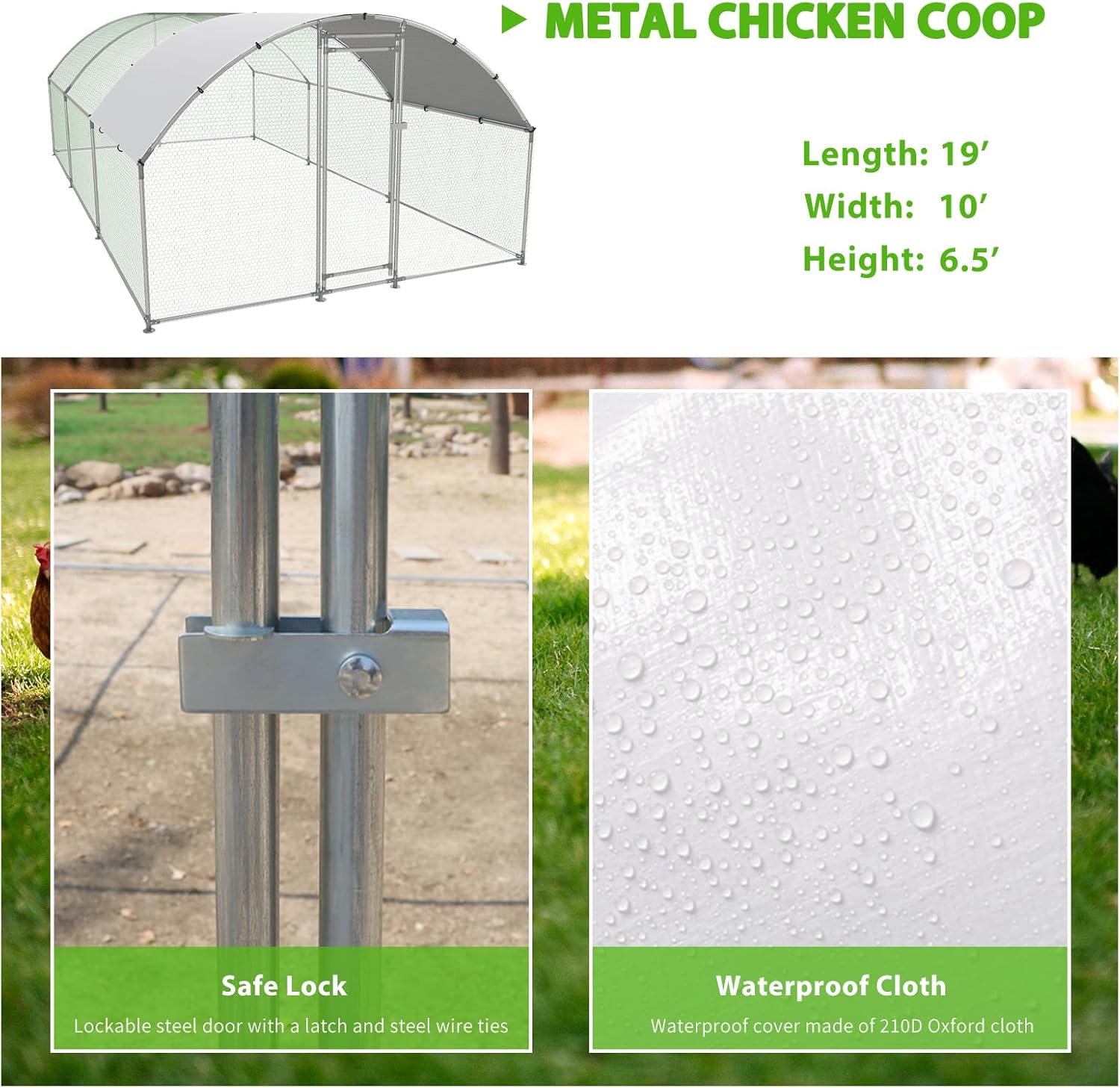Diagram showing chicken coop dimensions (19'L x 10'W x 6.5'H) and close-ups of the safe lock and waterproof cloth material.