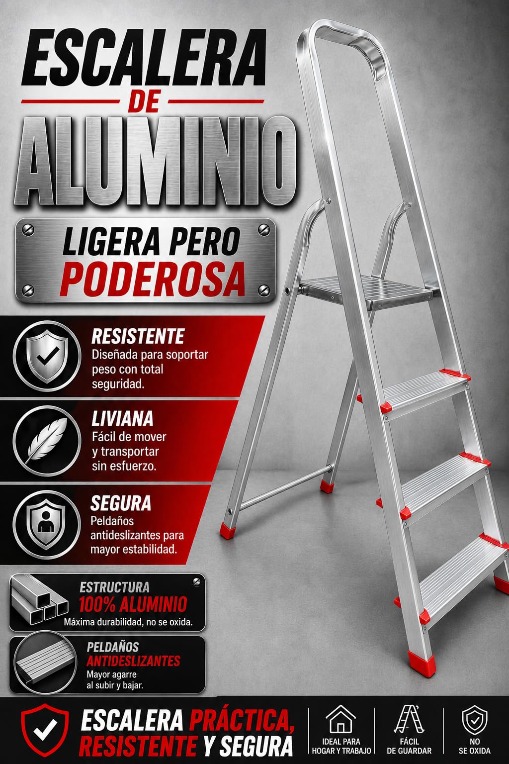 Escalera de Tijera Plegable, Escalera de Aluminio, Multiusos, Antideslizante, Ligera y Resistente, Escalera Doméstica, Fácil Transporte (4 peldaños)