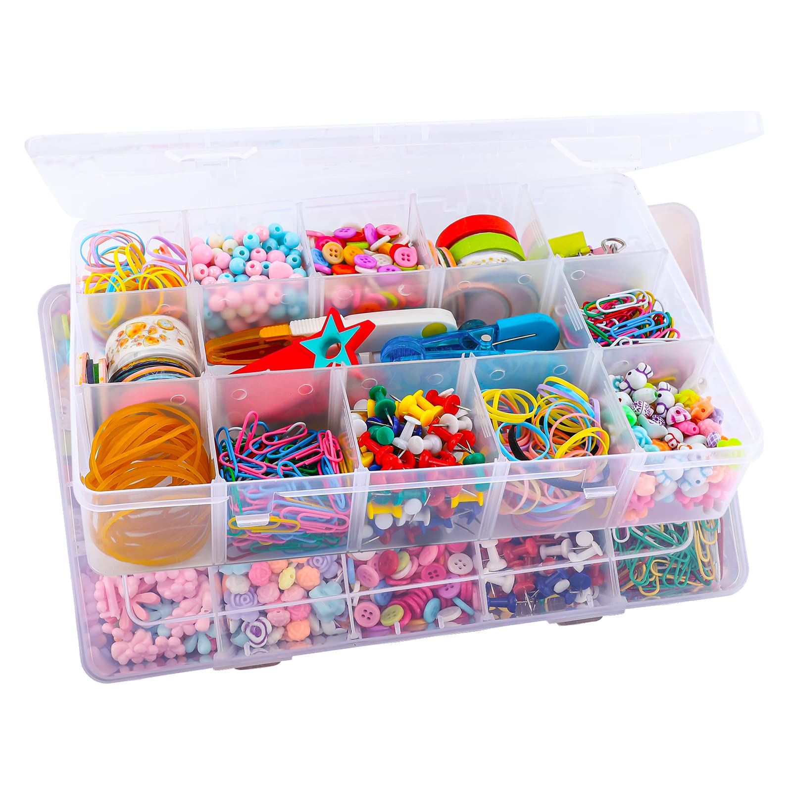 Exptolii Caja organizadora de plástico con 15 rejillas grandes con divisores, paquete de 2 contenedores transparentes para cintas washi, cuentas, manualidades, joyas, aparejos de pesca, tamaño 11 x