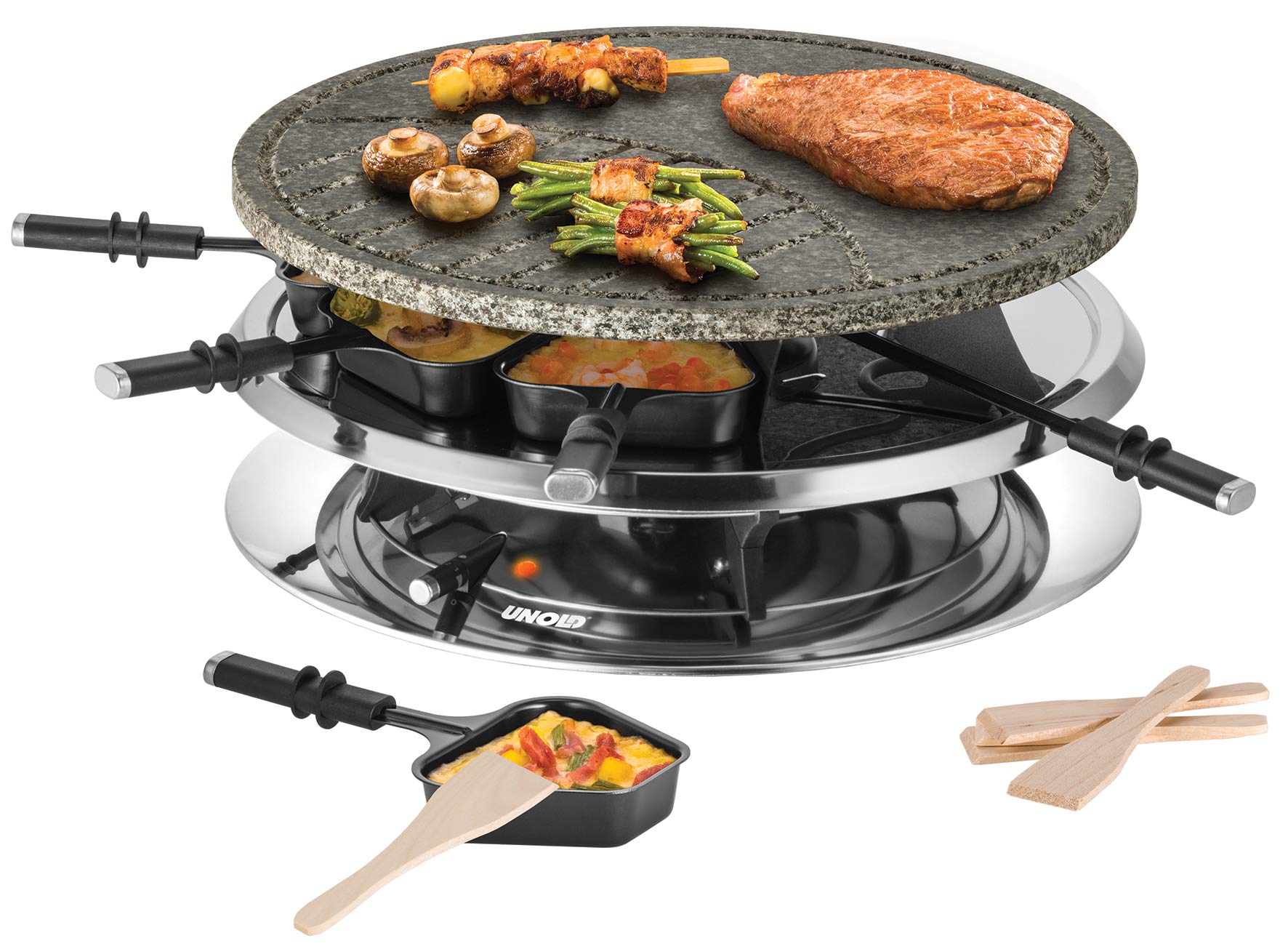 Unold 48726 Raclette Multi 4 in 1-1300 Watt, Für bis zu 8 Personen, Antihaftbeschichtung, Raclette, Fondue, Heißer Stein und Grill, Füllmenge ca. 700 ml