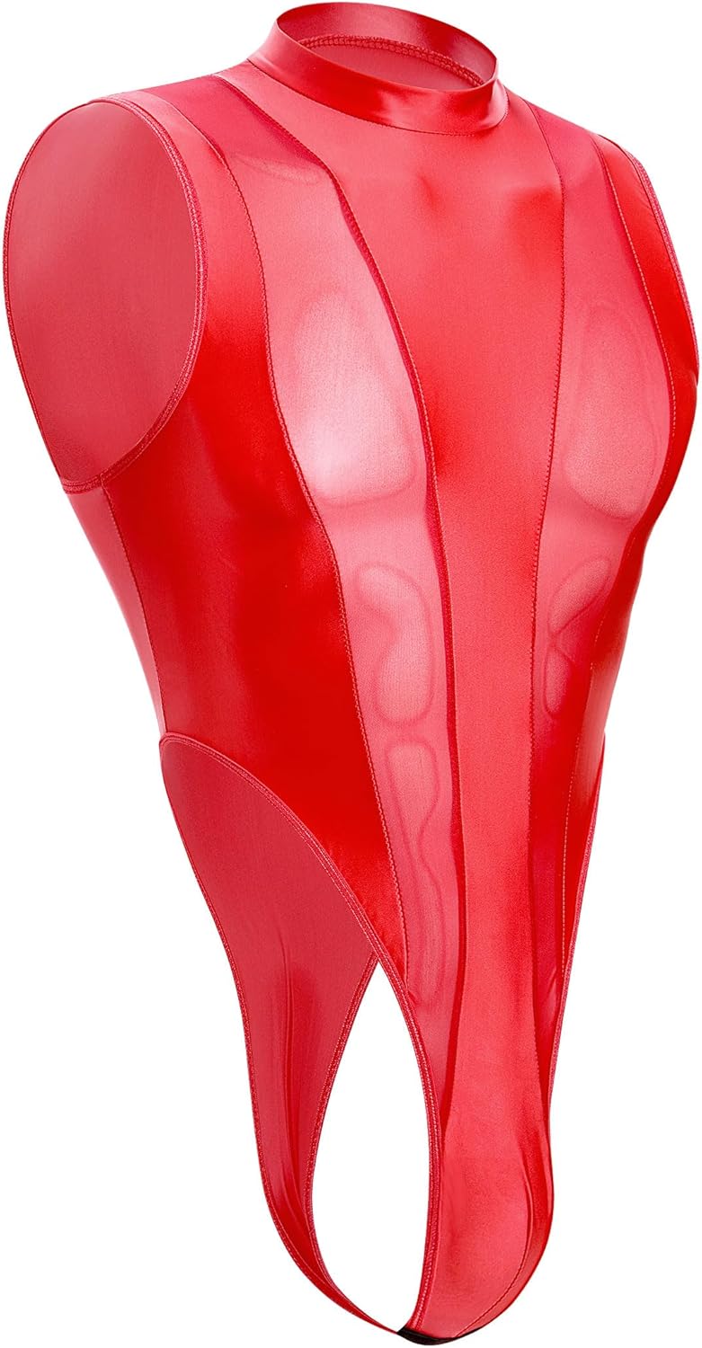 ABAFIP Men's Mesh Sheer Bodysuit Mock Neck Spliced Sleeveless High Cut Thong Leotard Singlet Underpants - Image 2