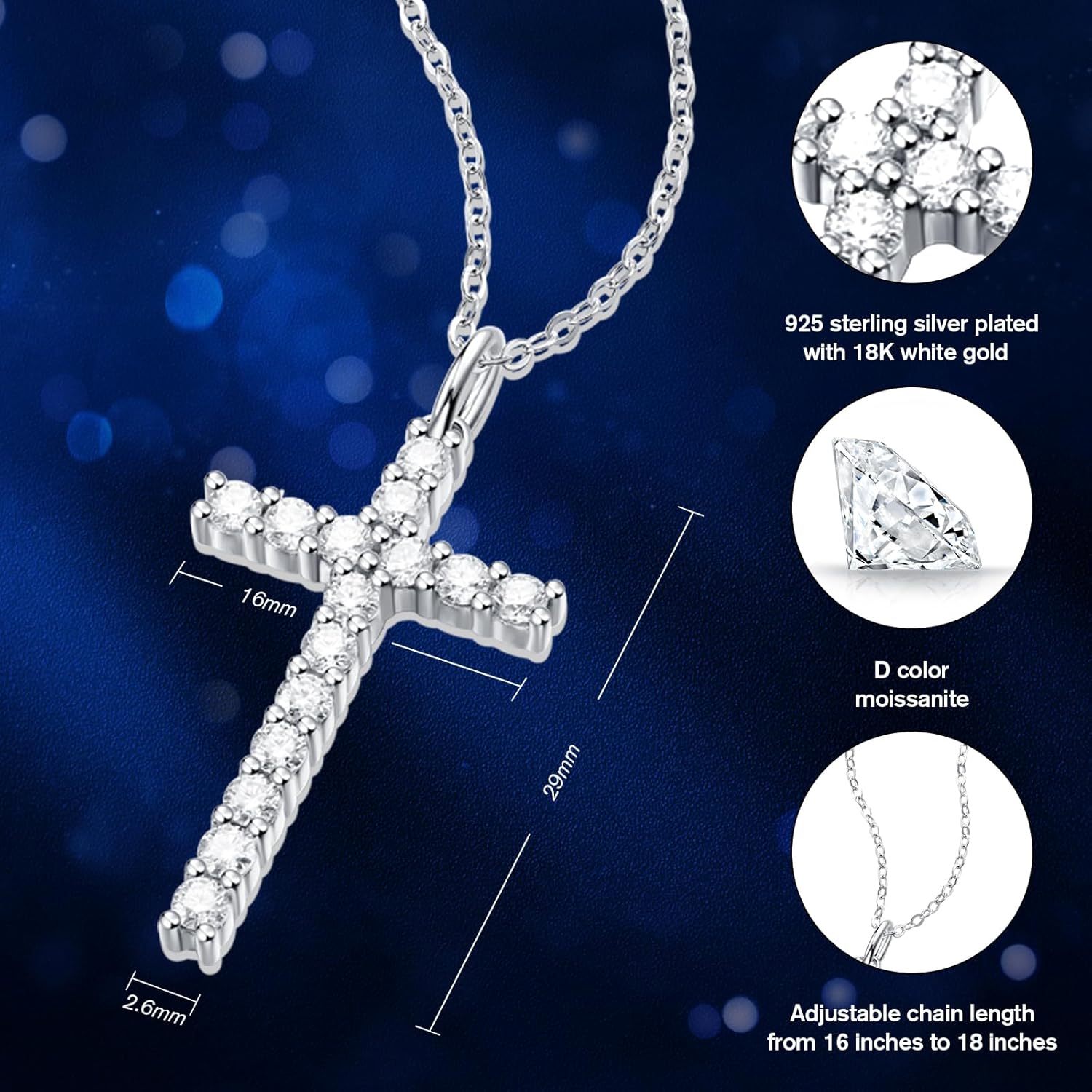 925 Sterling Silver Cross Necklace for Women, 18K Gold Moissanite Diamond Cross Necklace Pendant for Women Girls, 18''+2'' Extender Silver Chain - Image 4