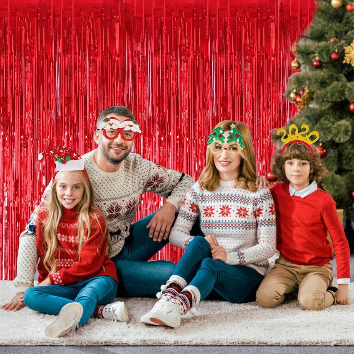 Lot De 4 Rideaux Métalliques Franges Rouge & Vert 1x2m – Scintillants – Idéal Noël, Anniversaire, Mariage, Photobooth