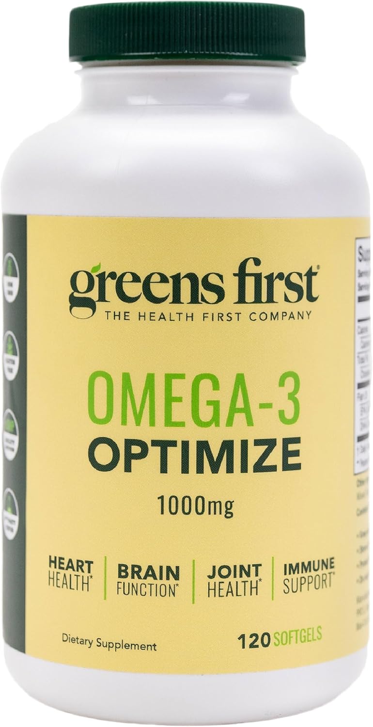 Greens First Omega-3 Optimize Daily Supplement – Ultra-Pure, Potent Marine Oil – for Heart, Brain & Joint Health – High EPA/DHA – Immune Support – 850mg (120 Softgels)