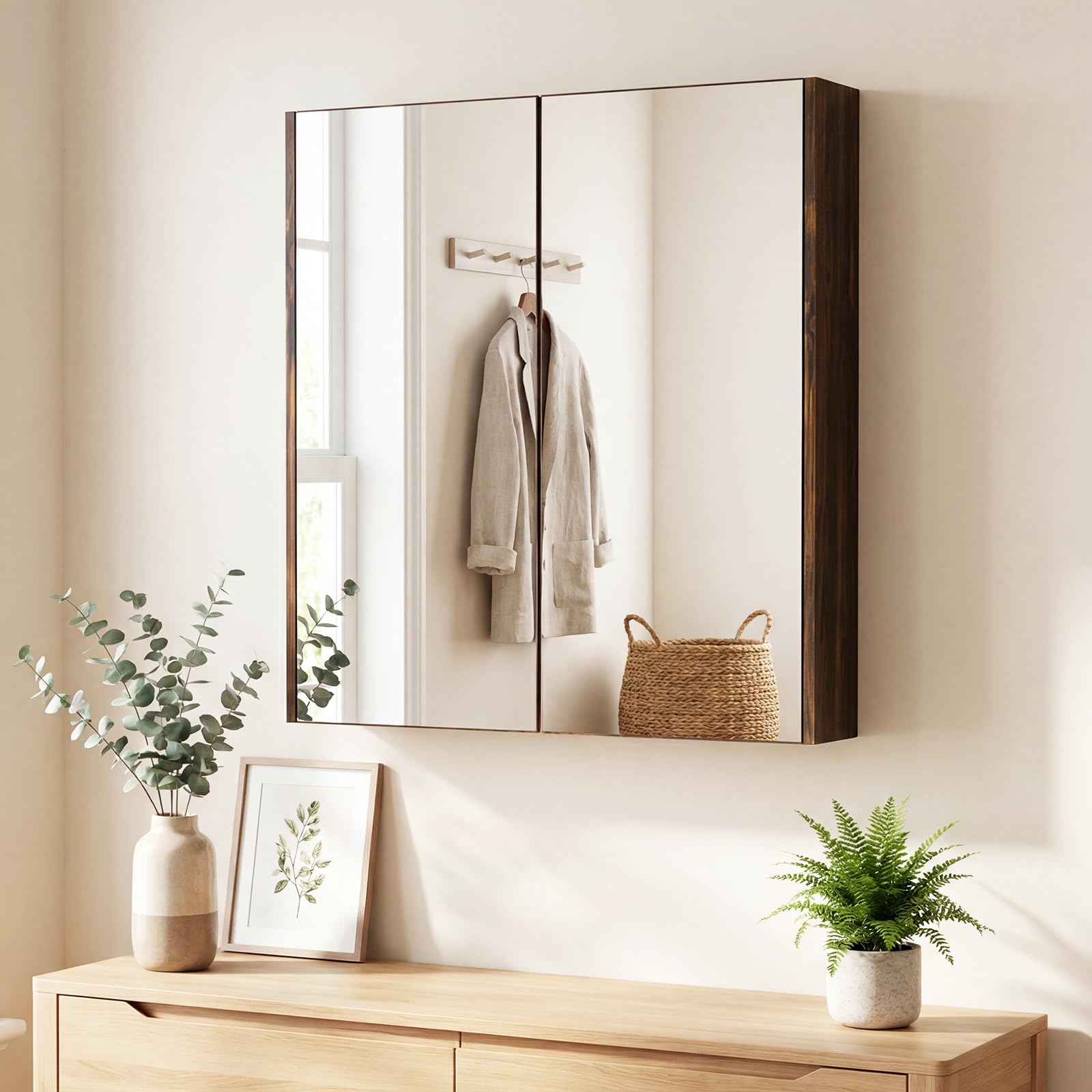 COSTWAY Spiegelschrank Bad, Badezimmerschrank mit 2 Spiegeltüren & Ablage, Badschrank, Hängeschrank, Wandschrank holz für Schmutzräume, Eingangsbereiche & Badzimmer, 62 x 11 x 65 cm (Rustikales Braun)