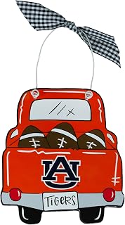 University of Auburn Tigers Wooden Decoration - Pick-up Truck, Footballs & Team Logo Design w/Plaid Ribbon by Magnolia Lane - Hanging Home Decor, Gift for AU Fans, Students, Alumni
