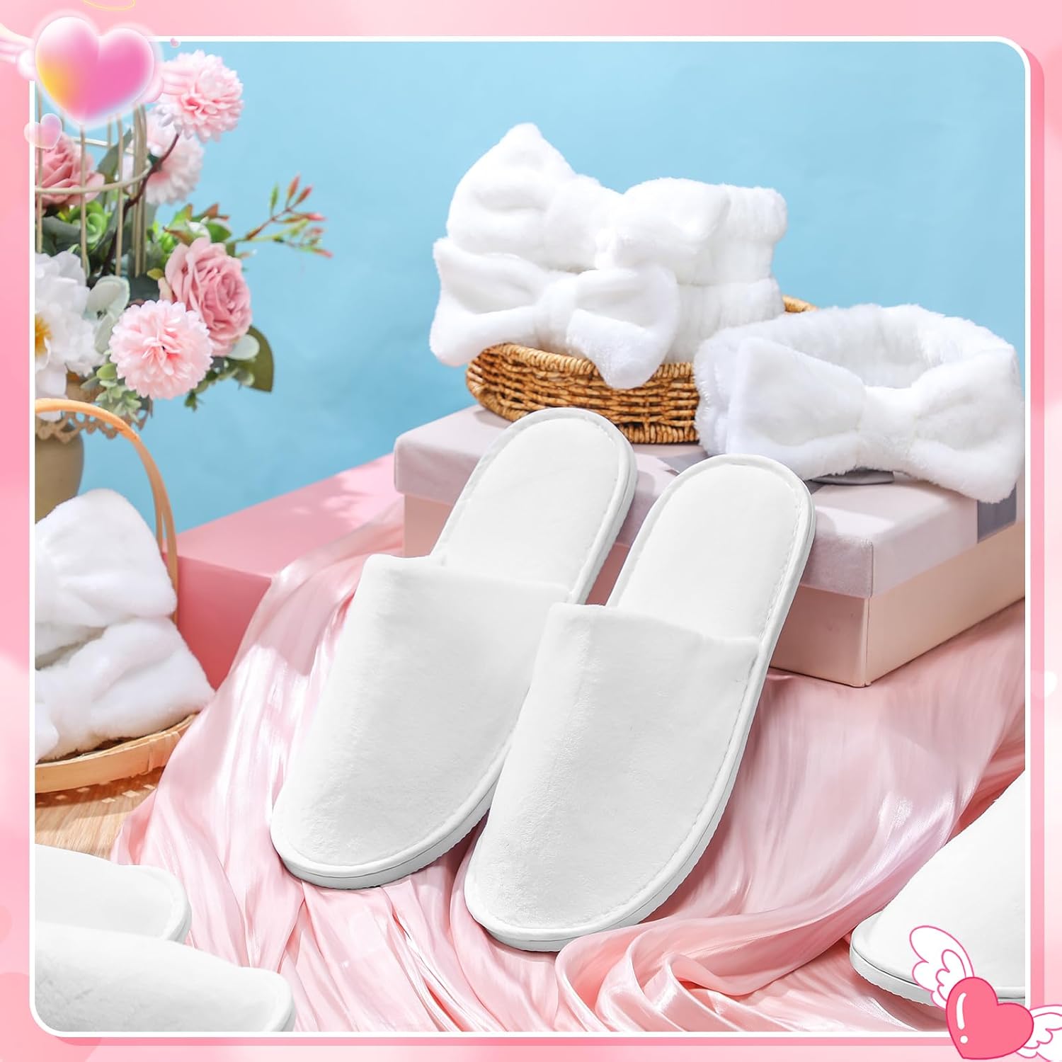 12 Pcs Girls Spa Party Supplies for Kids Sleepover Party Supplies Include 6 Closed Toe Kids Disposable Slippers 6 Cute Bow Spa Headbands for Makeup Favors Birthday Slumber Gifts