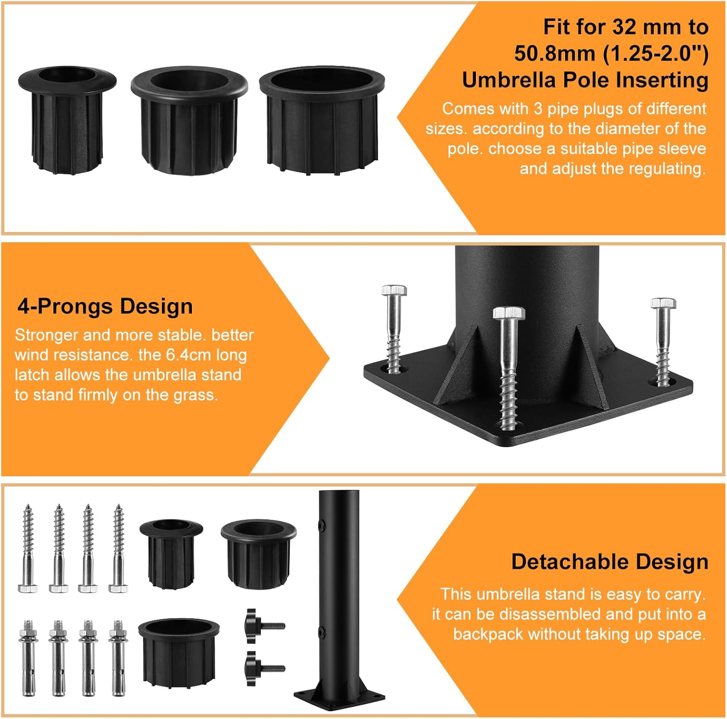 Patio Umbrella Stand Base - Enhanced Deck Umbrella Mount Outdoor, in Wood Ground Flag Pole Holder, Adjustable Patio Table Umbrella Stand Outside for Garden Backyard Balcony Poolside (A:Black)