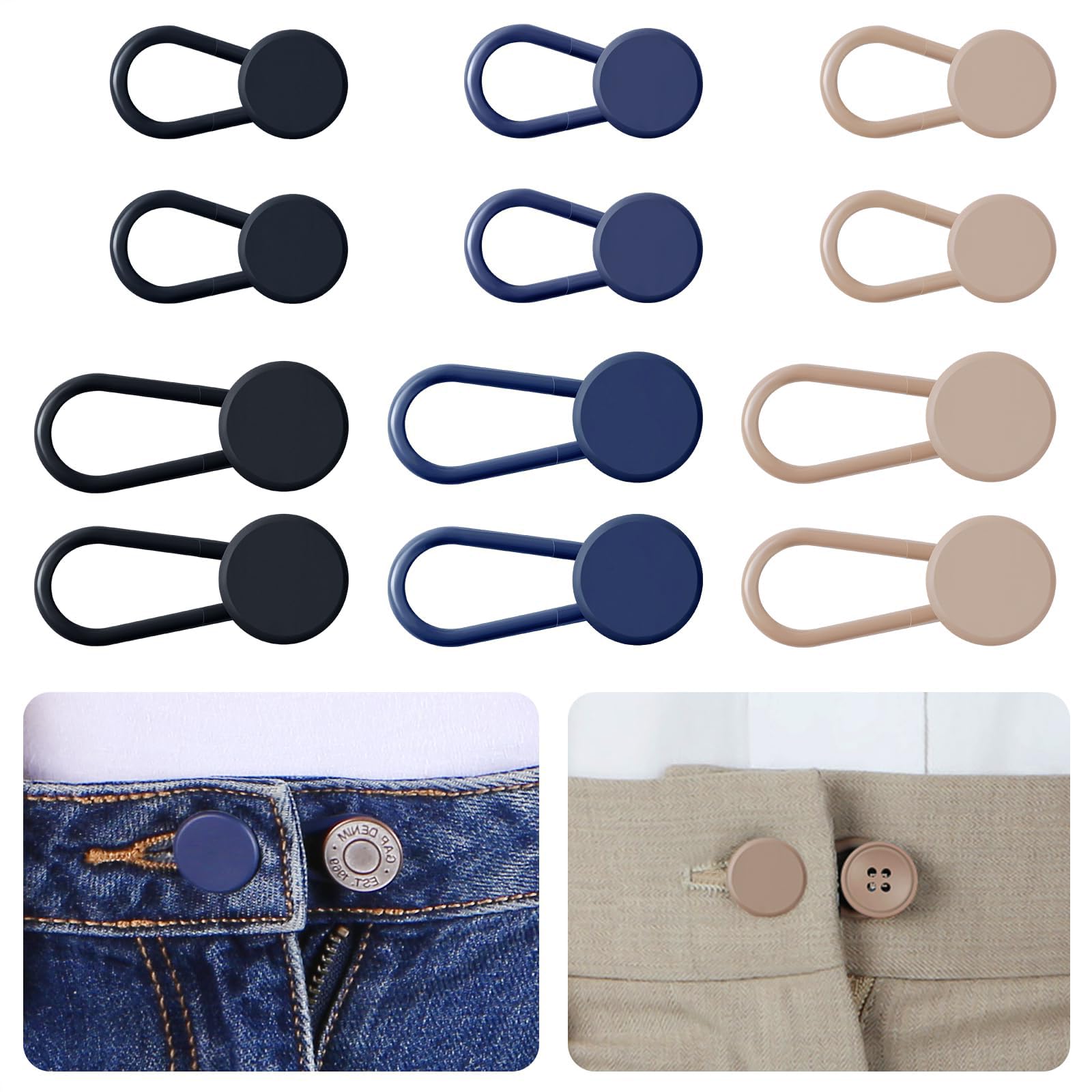 Duomama 12PCS Button Extenders for Jeans, Pants Waist Button Extender for Women Men, 3 Colors Pant Waistband Expander