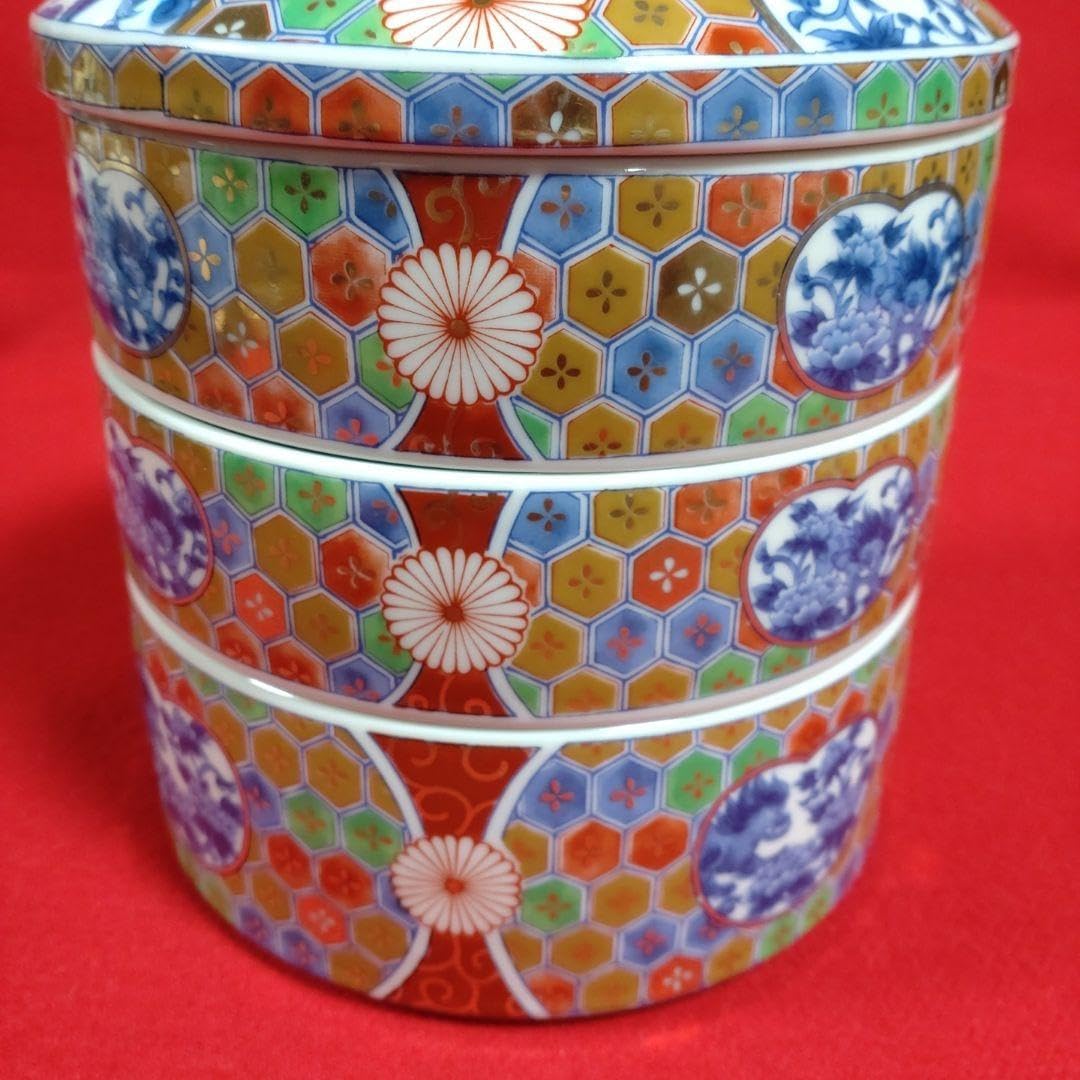 庫山窯 菊金唐草 金襴手 手まり三段重 重箱 おせち器 正月