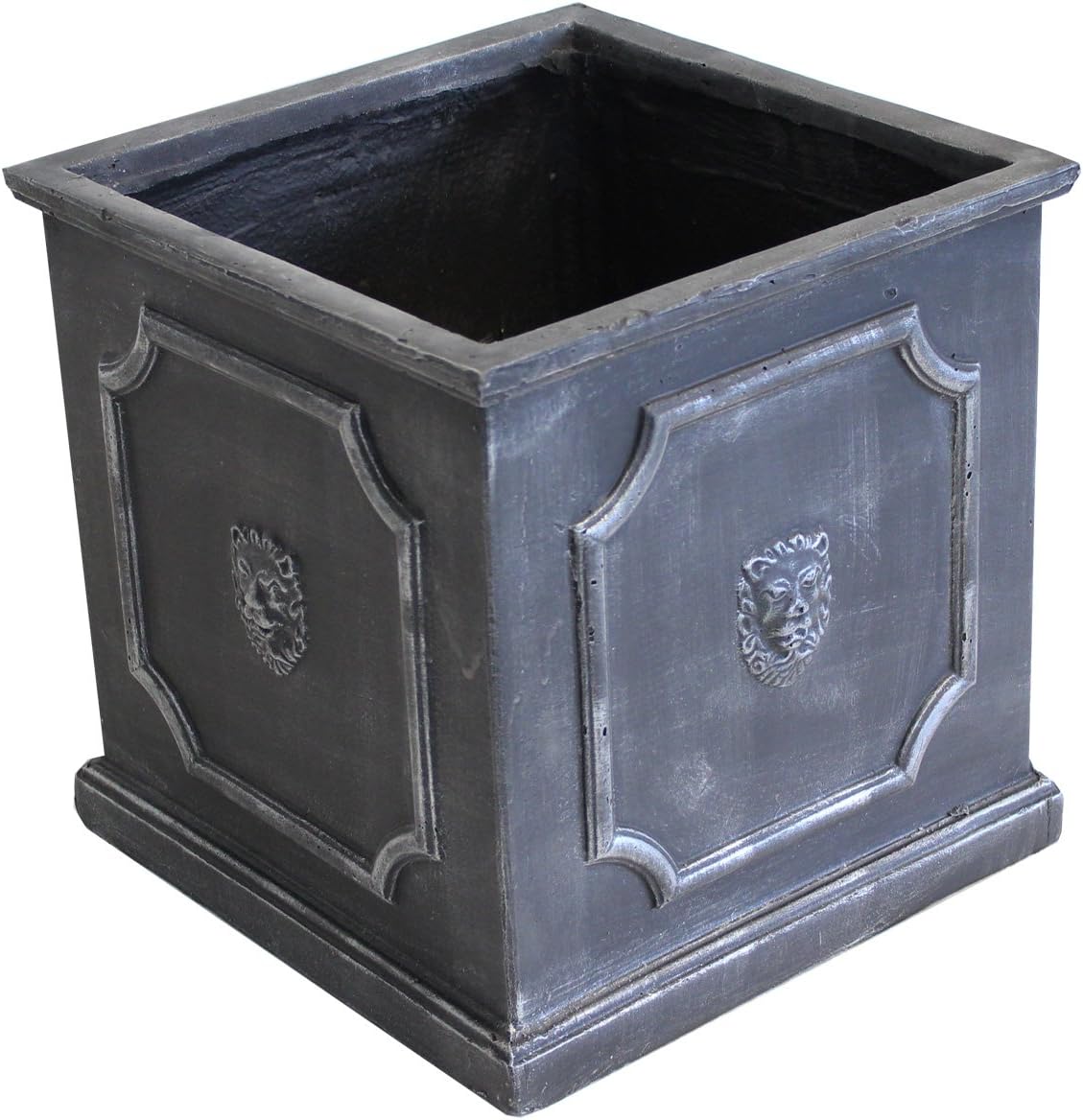 Suregreen Square Lion Head Design Outdoor Planter with Drainage Hole Fibreclay Lead Grey H38cm x W38cm x L38cm