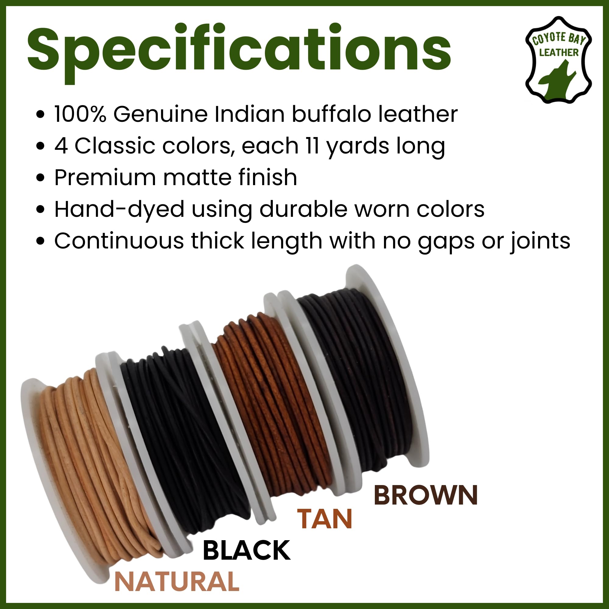 Coyote Bay® Genuine Leather Cord in 4 Classic Matte Colors, 11 Yards Each, for Jewelry Making, Crafts and Hobby Projects (1.5 mm)