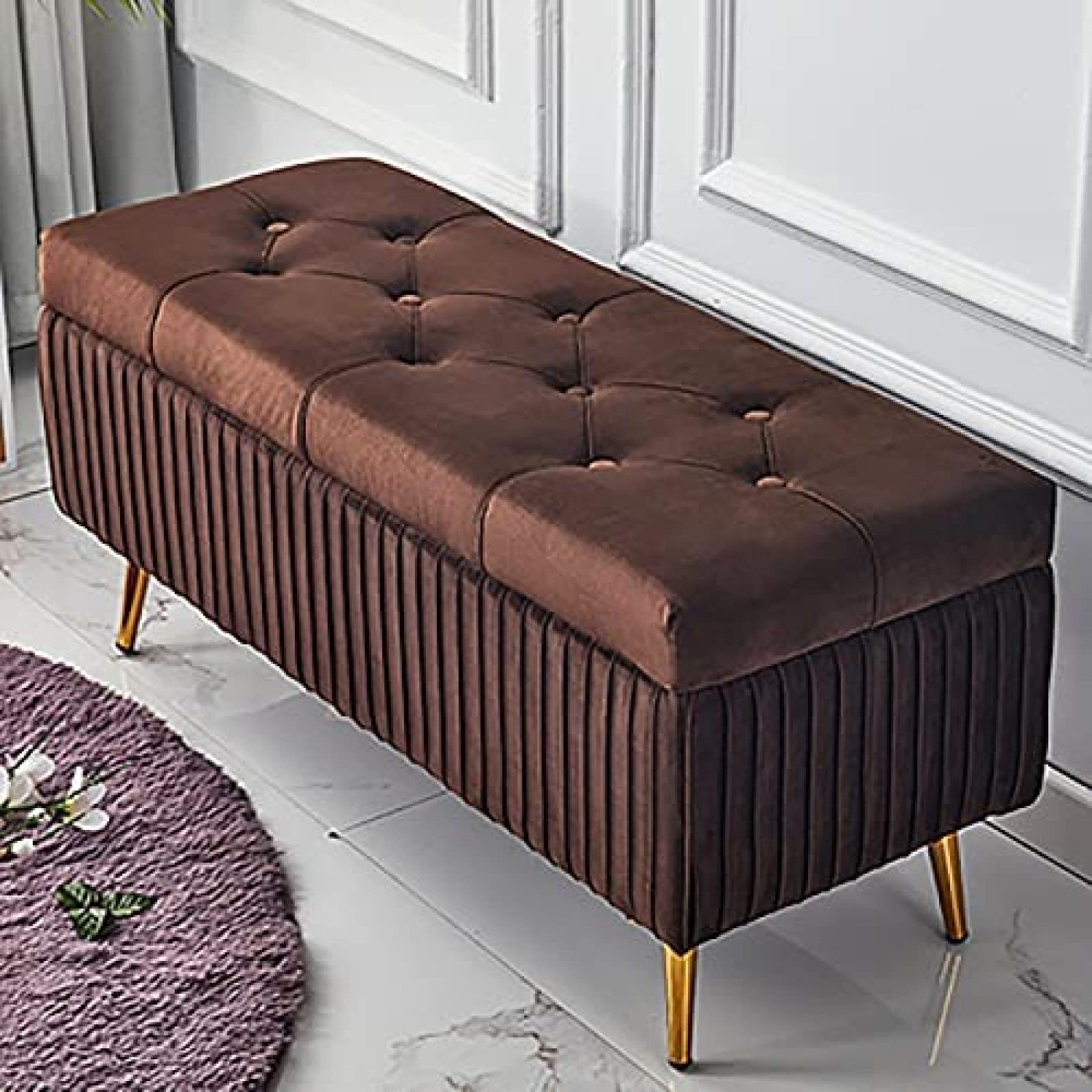 Banc de rangement rembourré en velours marron pour entrée de maison | 60x40x45 cm