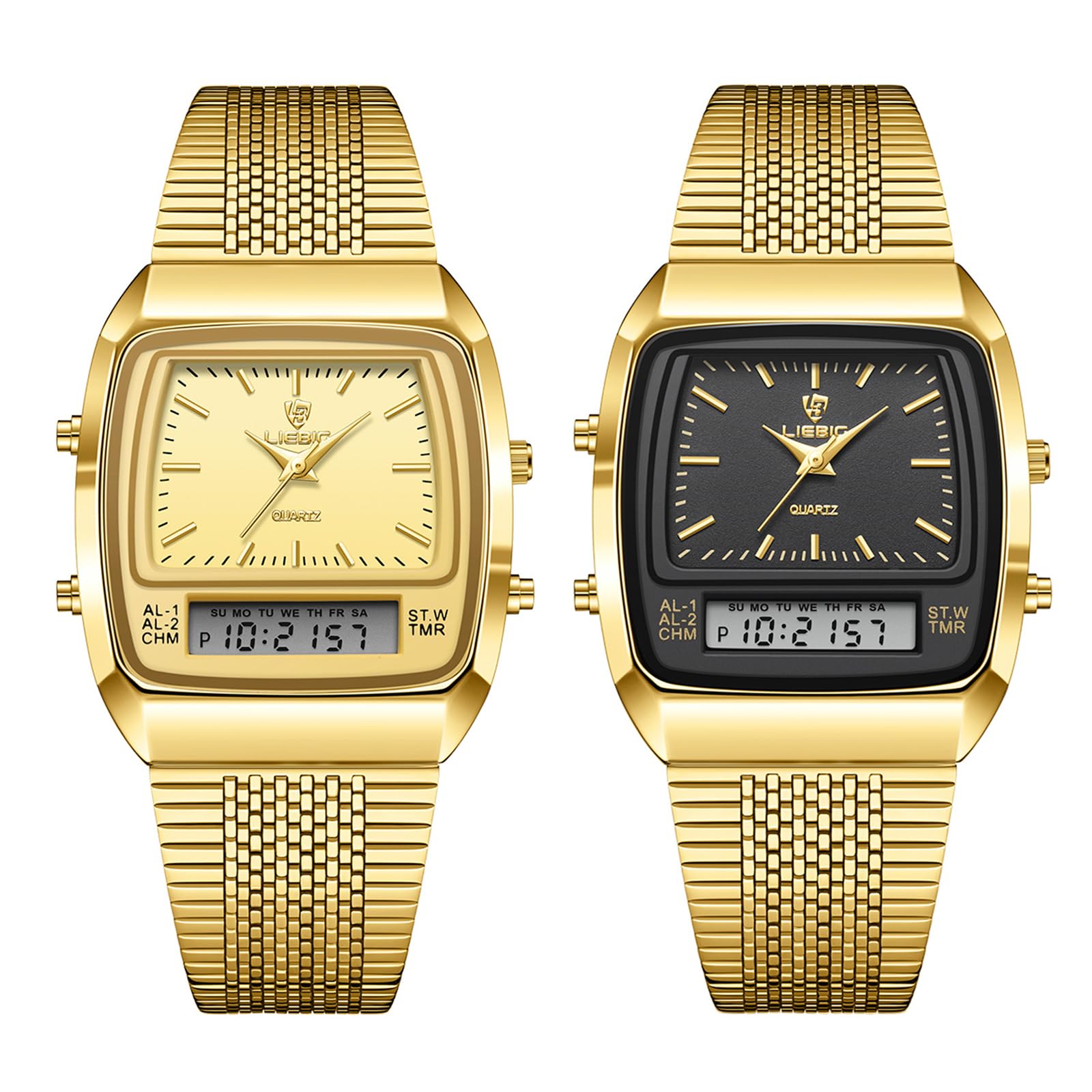 JewelryWe Zegarek męski cyfrowy kwarcowy: 2 szt. 30 m wodoszczelny analogowy zegarek na rękę zegarek cyfrowy męski złoty stal szlachetna bransoletka chronograf zegarek z prostokątnym cyferblatem,