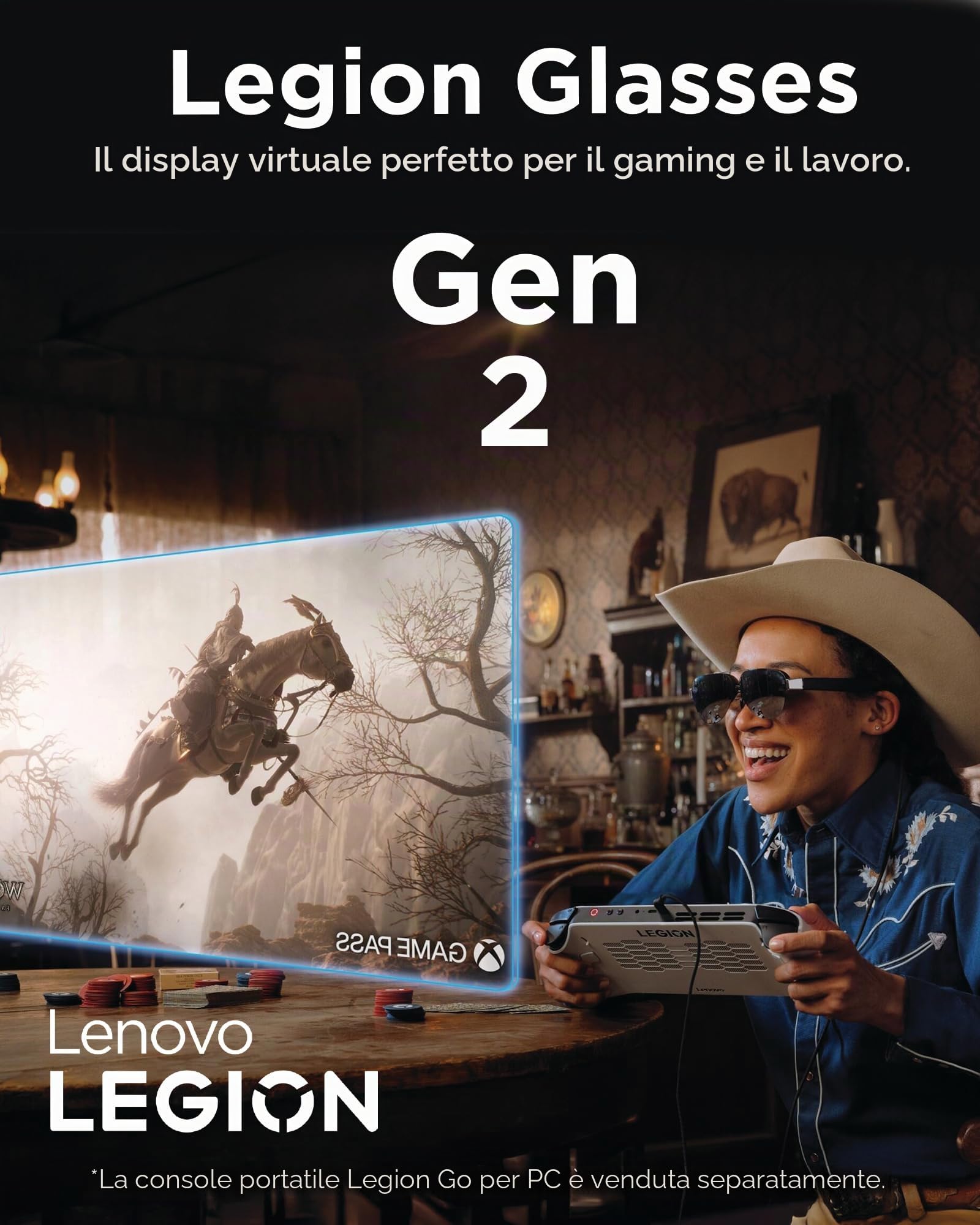 Lenovo Legion Glasses Gen 2 - Monitor indossabile Personale Micro-OLED per Giochi e Film, Display Plug-And-Play FHD 60Hz Legion Go e dispositivi USB-C, Audio ad Alta fedeltà e Privacy