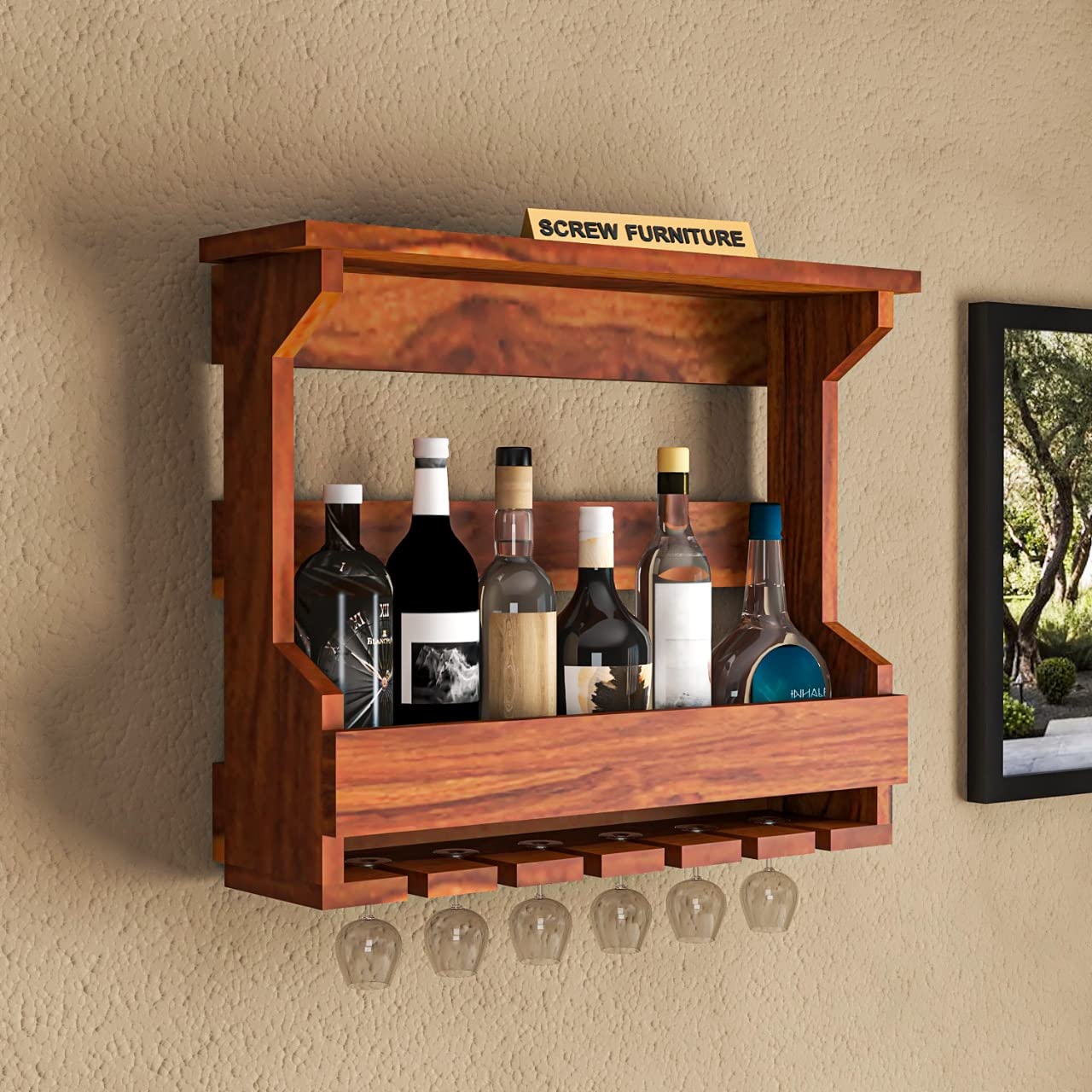 Screw& art Solid Sheesham Wood Jaddy Wall Hanging Mounted Wine Rack