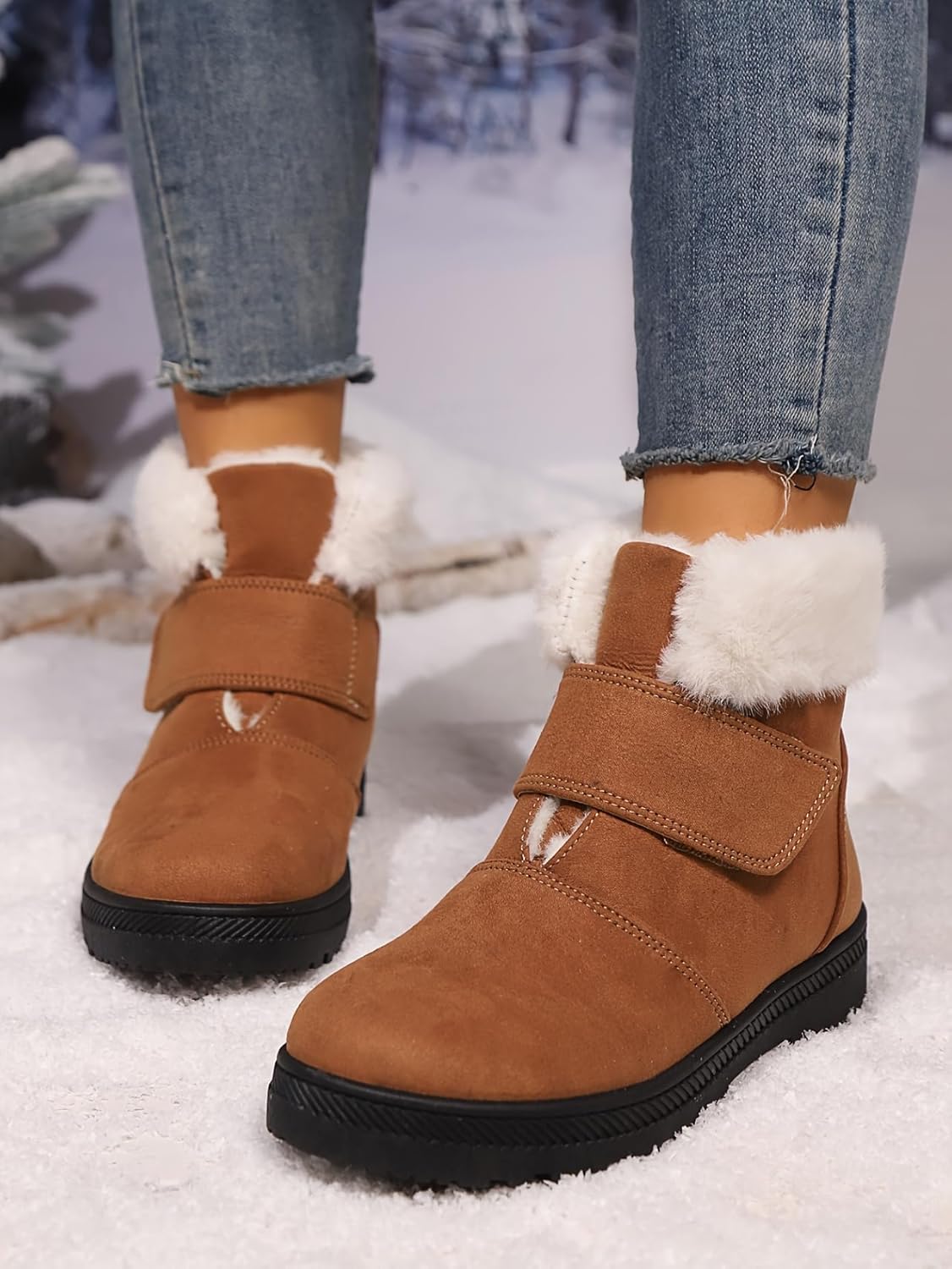 Women's Winter Sports Snow Shoes Comfortable Warm Fur Lined Ankle Outdoor Single Foot Non-Slip Rubber Sole