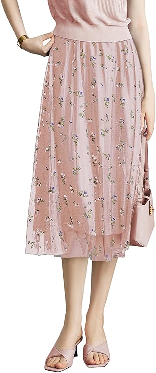 CyperRiver Women's High Waisted Floral Print Mesh Midi Skirt with Elastic Waistband
