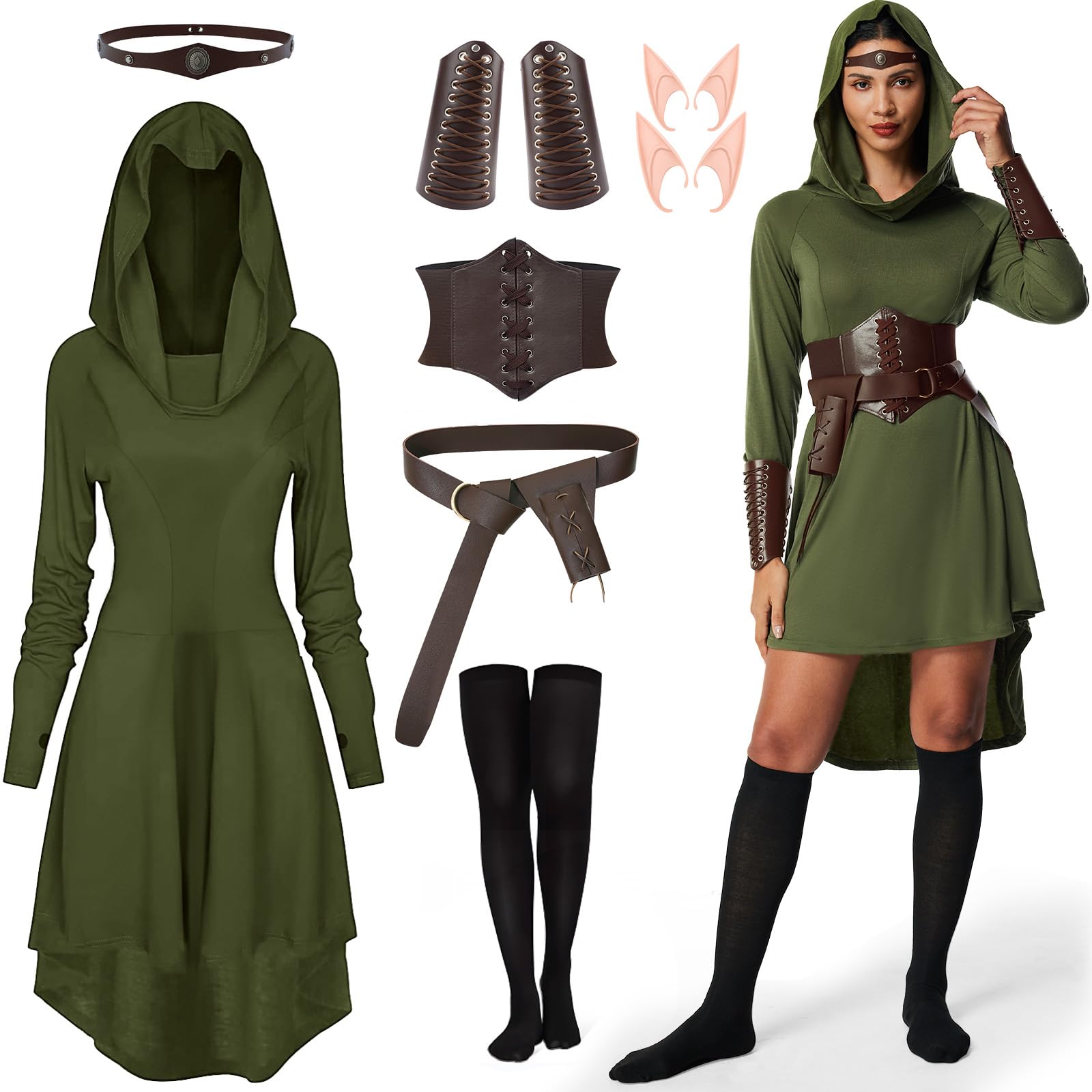 BuzzoXerex Disfraz Medieval Mujer, Vestido Medieval con Capucha, Vestido Gótico para Halloween con Corsé, Cinturón, Medias de Rodilla Negro, Orejas de Elfo para Halloween, Carnaval