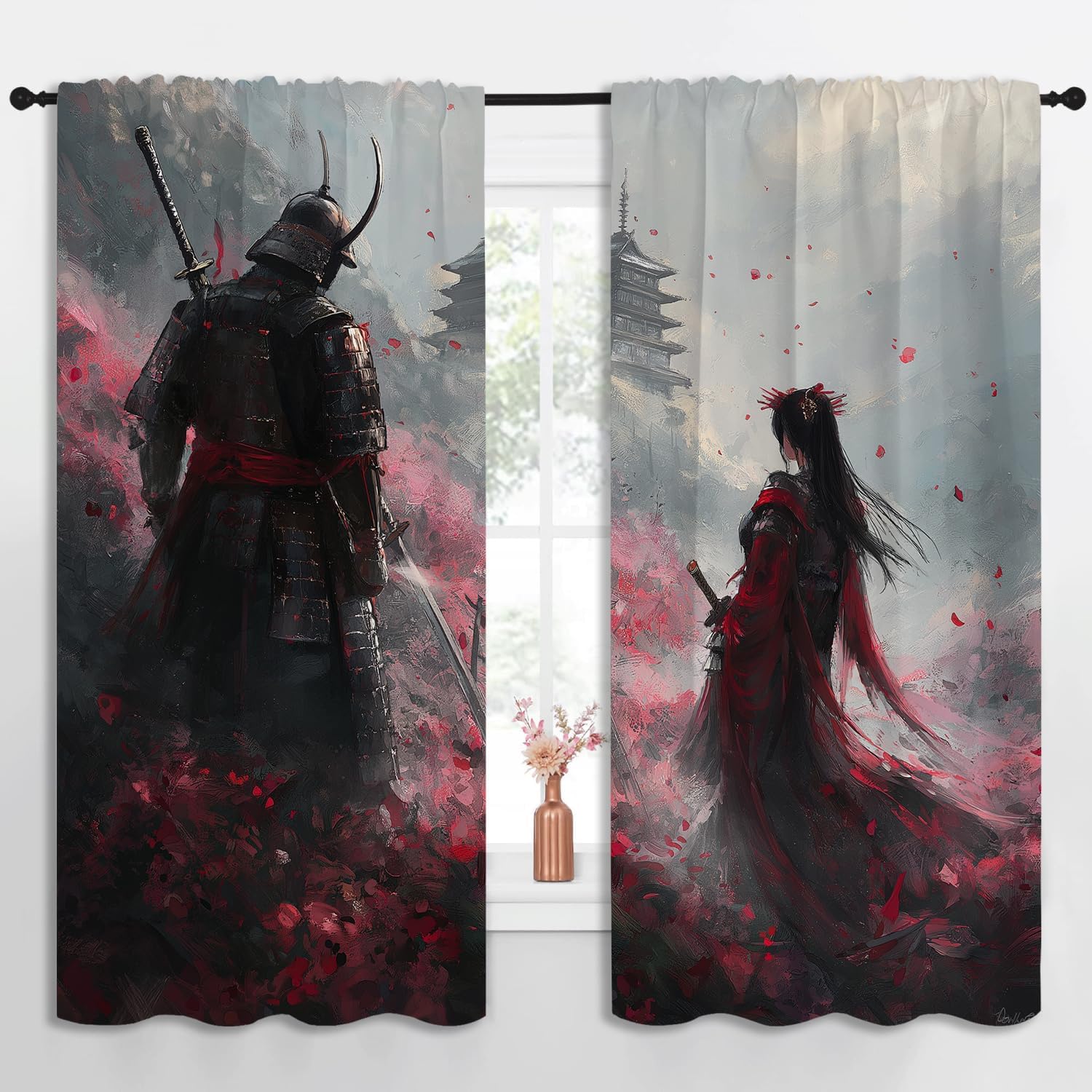 Japanese Samurai Boy Girls Blackout Curtains,Asian Style Red Plum Blossom, 2 Panel Rod Pocket Thermal Insulated Drapes for Bedroom, Living, Kids Room Deco 55x63 inch