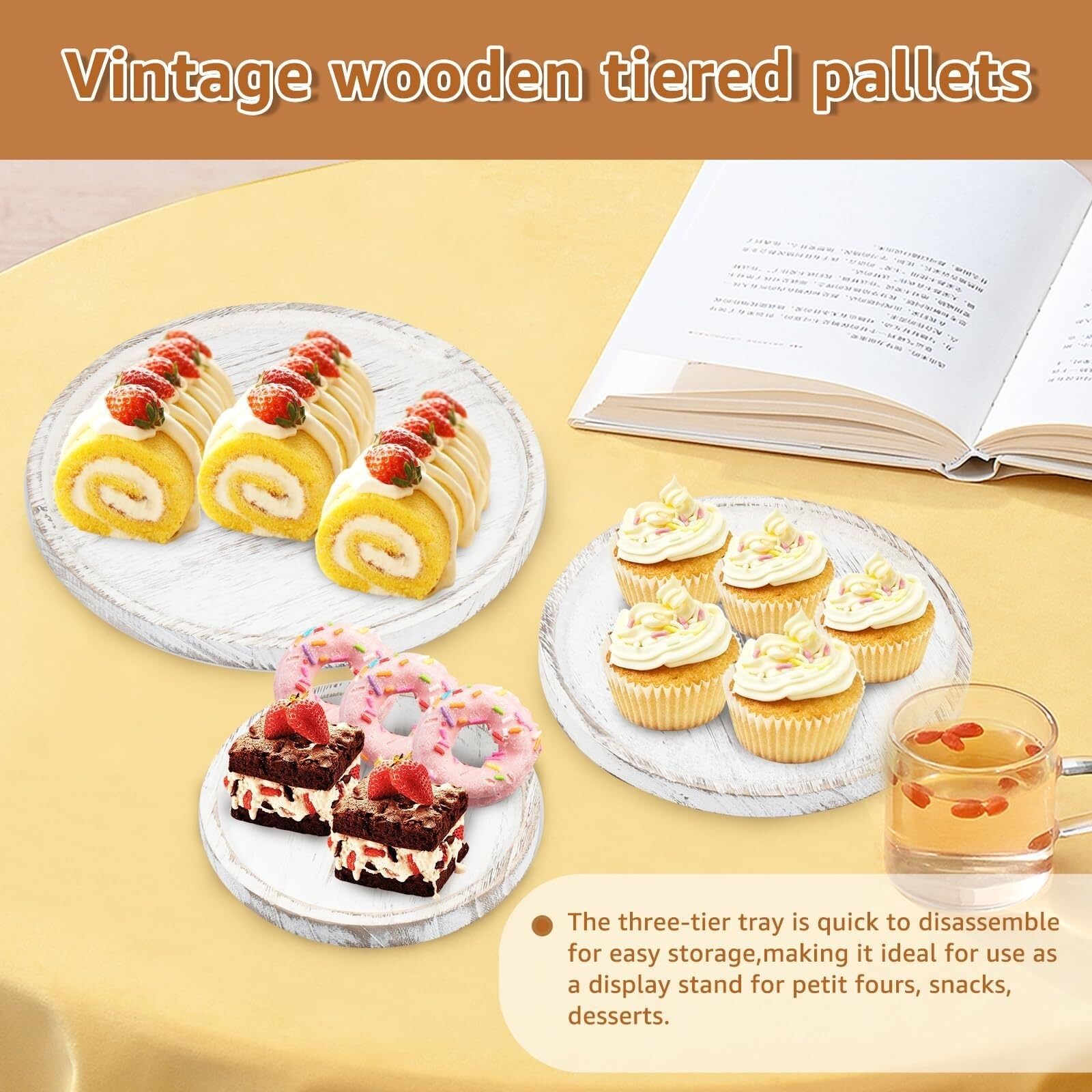Présentoir à Desserts Présentoir À Gâteaux À 3 Niveaux en Bois, Rond, for Cupcakes Et Fruits Fêtes et Pâtisseries(White)