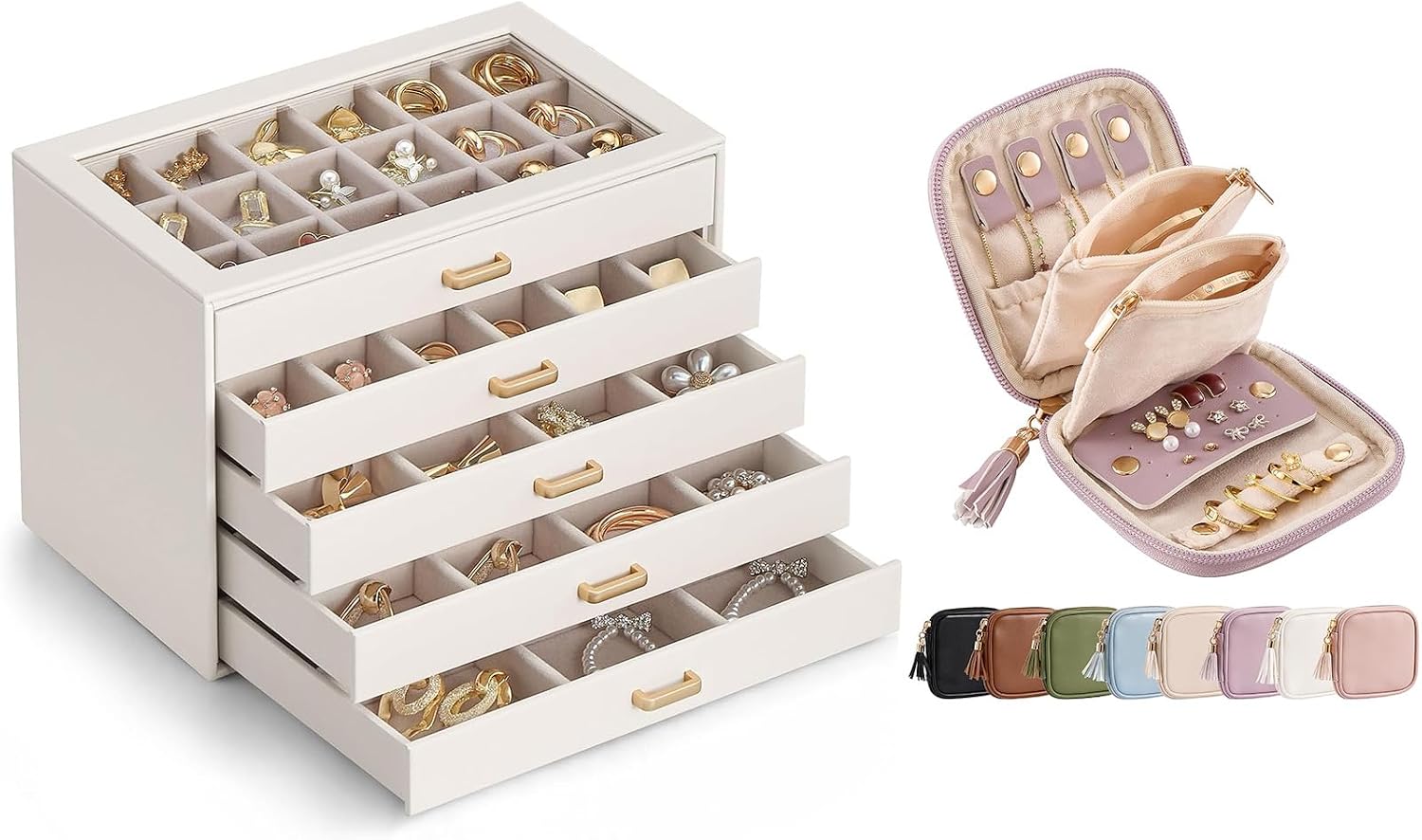 Lolalet Beige 5-Layer Earring Organizer and Lavender Mini Travel Jewelry Case Bundle, Clear Lid, PU Leather, Velvet-Lined Interior, Removable Dividers, Soft PU Leather Pouch, Portable Palm-Size Design